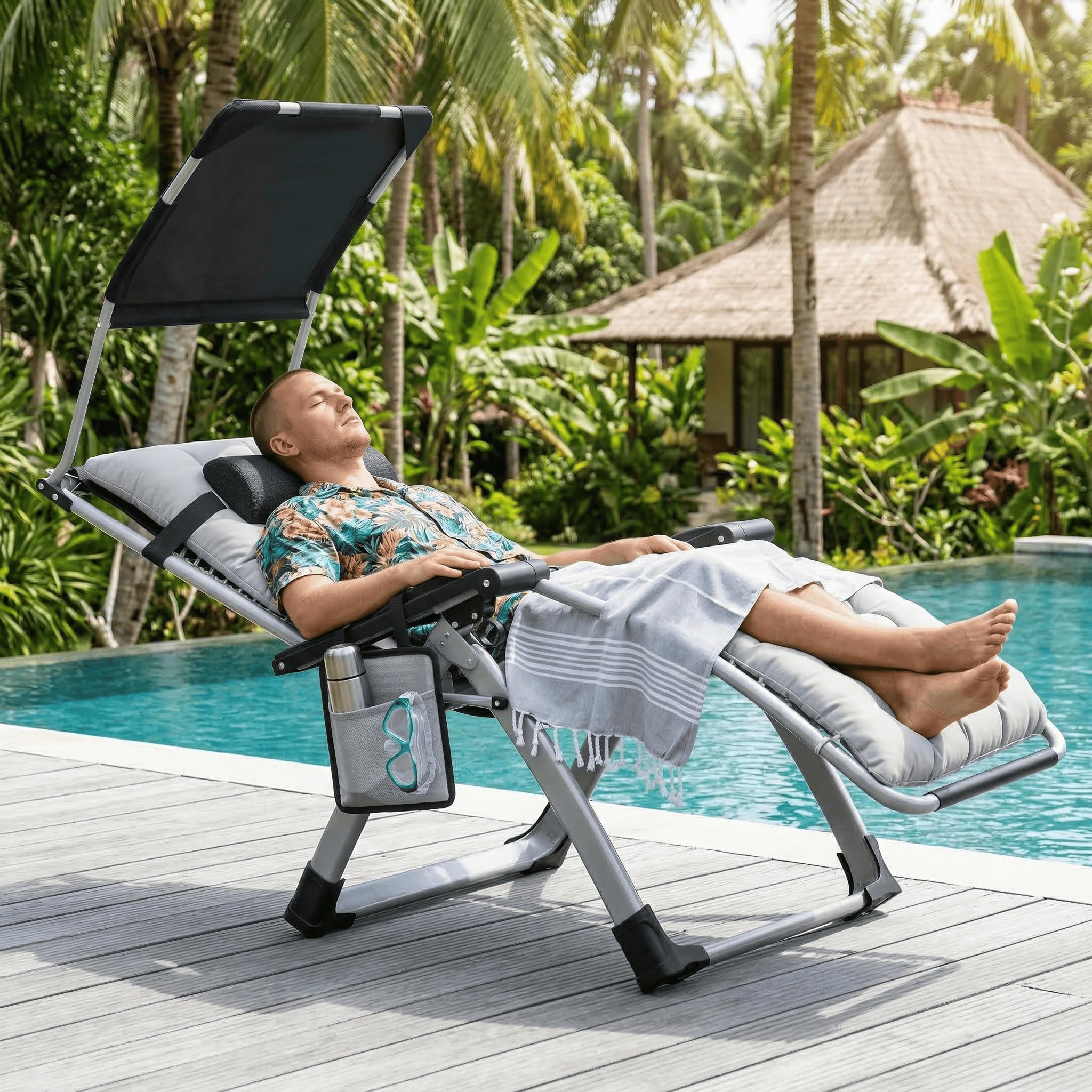 UISEBRT Sedia a sdraio pieghevole con tettuccio parasole, regolabile 90-170°, con cuscino cervicale, portabicchieri e tasca laterale, portata fino a 160 kg, per giardino, balcone e campeggio, grigio