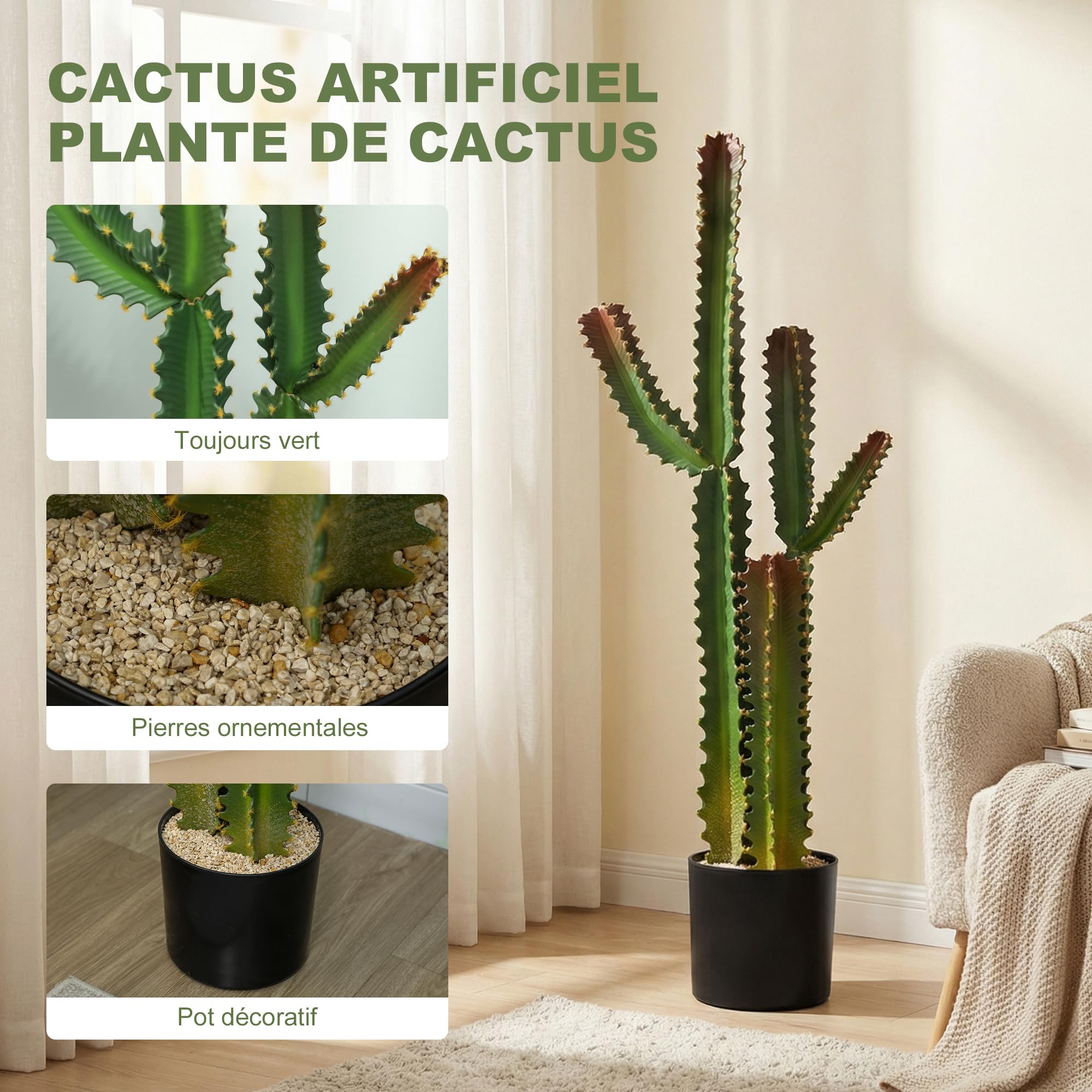 HOMCOM Plante Artificielle Intérieure 111 cm Cactus Artificiel en Pot Vert