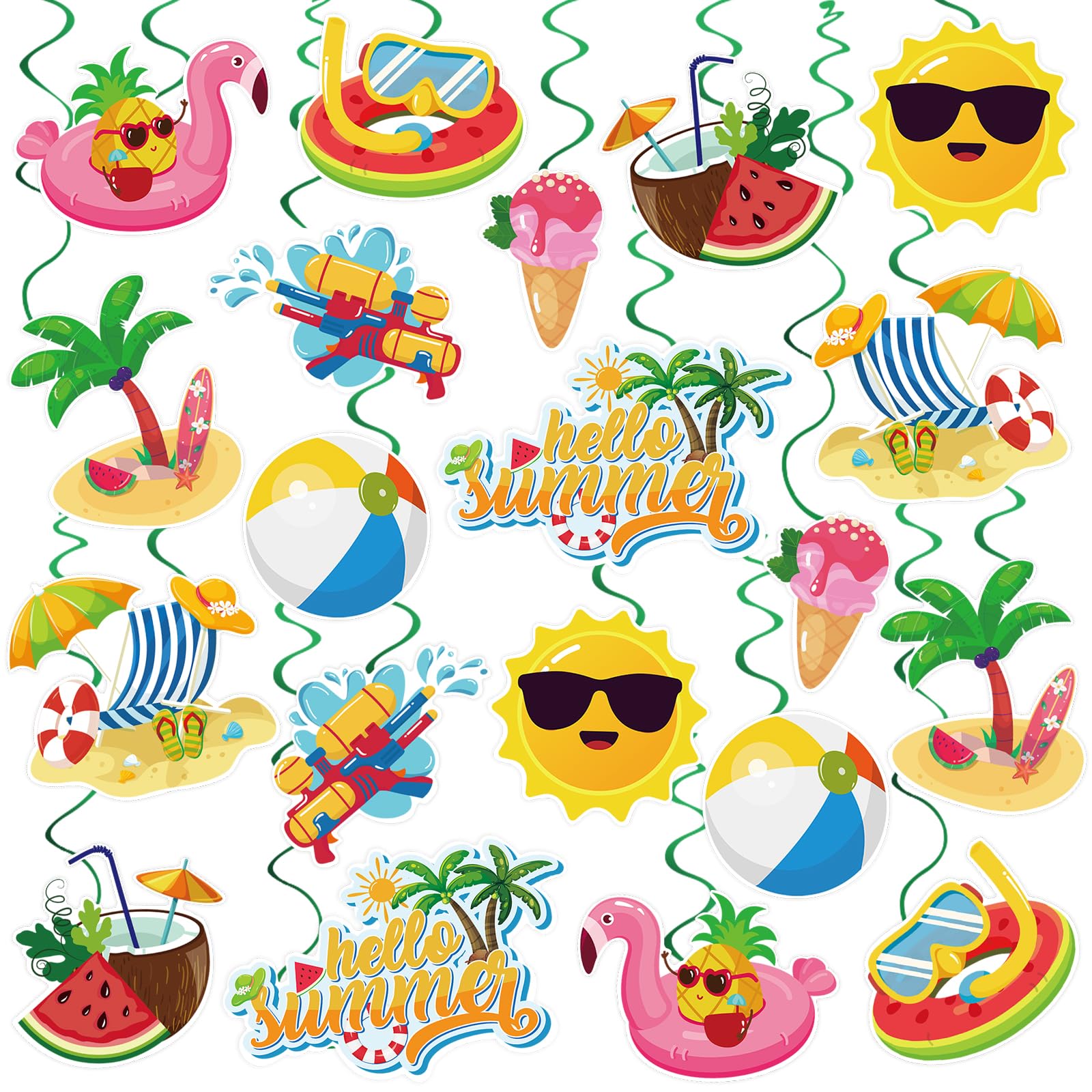 40Pcs Summer Hanging Swirls, Hello Summer Pool Beach Hanging Swirls Summer Hanging Decorations Streamers Foil Ceiling Swirls for Summer Hawaiian Luau Birthday Party Baby Shower Decor