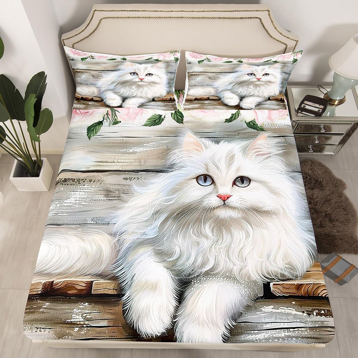 Manfei Kawaii Cat Kids Fitted Sheet Double Size, Pink Flower White Kitty Bedding Set for Boys Girls Bedroom Decor, Retro Grey Wooden Plank Bed Cover with 2 Pillowcases, Soft Polyester Bedding