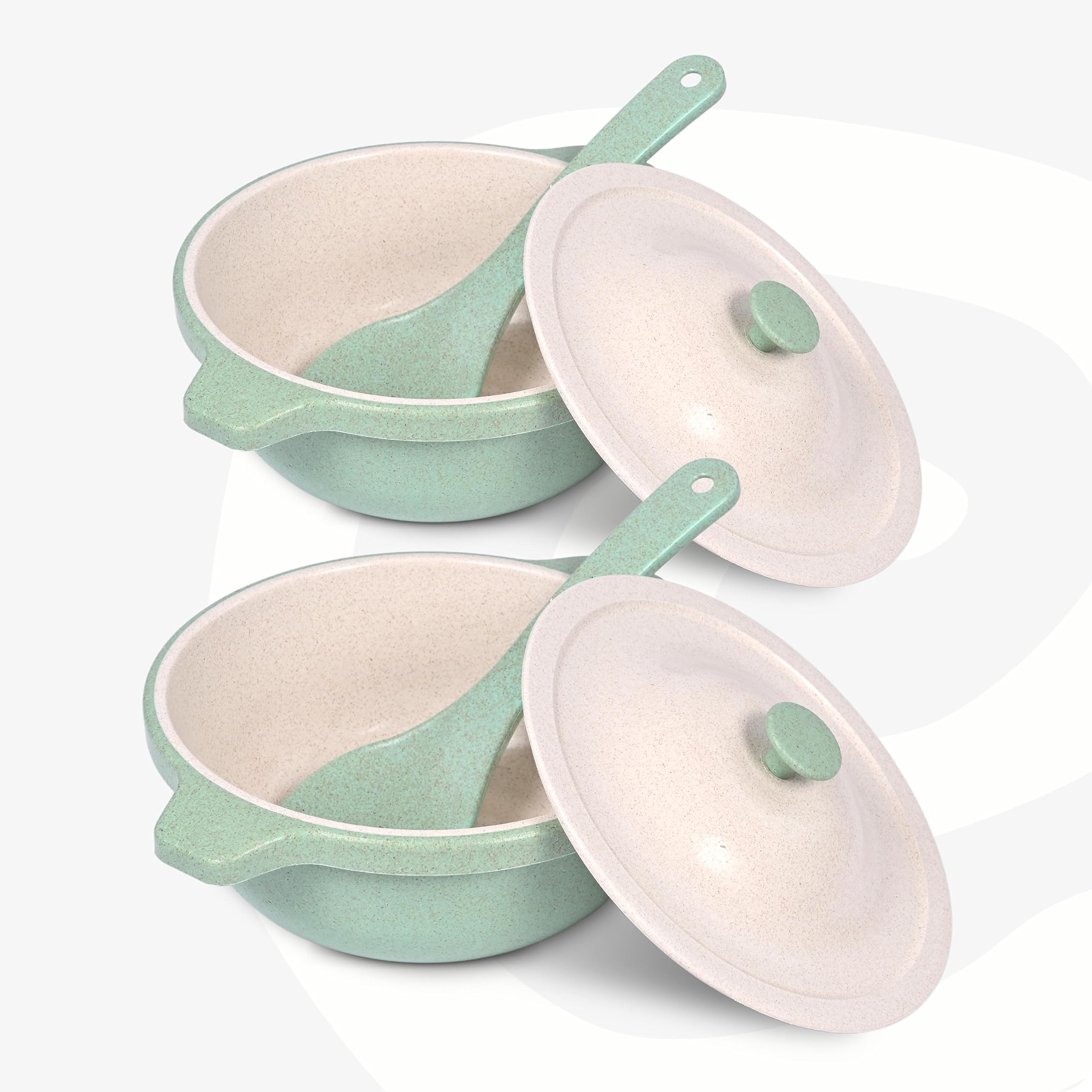 Eha Earth Friendly Serving Bowls with Lid | Microwave Safe | Made with Rice Husk and Bamboo Fibers | 1250 ml Each | Set of 2 | Celeste| Green