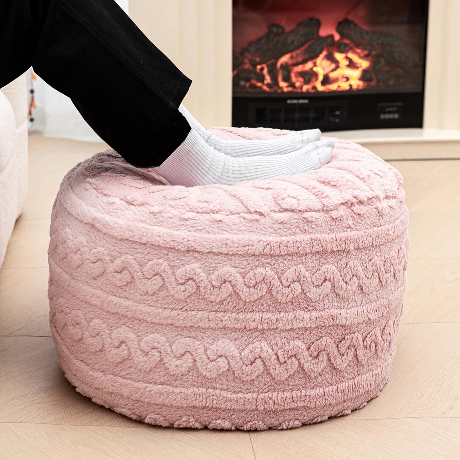 Pouf Ottoman Stuffed 20x20x12 Inches Floor Pouf Plush Fiber Ottoman Foot Rest Under Desk Foot Stool for Living Room, Bedroom (Pink Pouf with Filler)