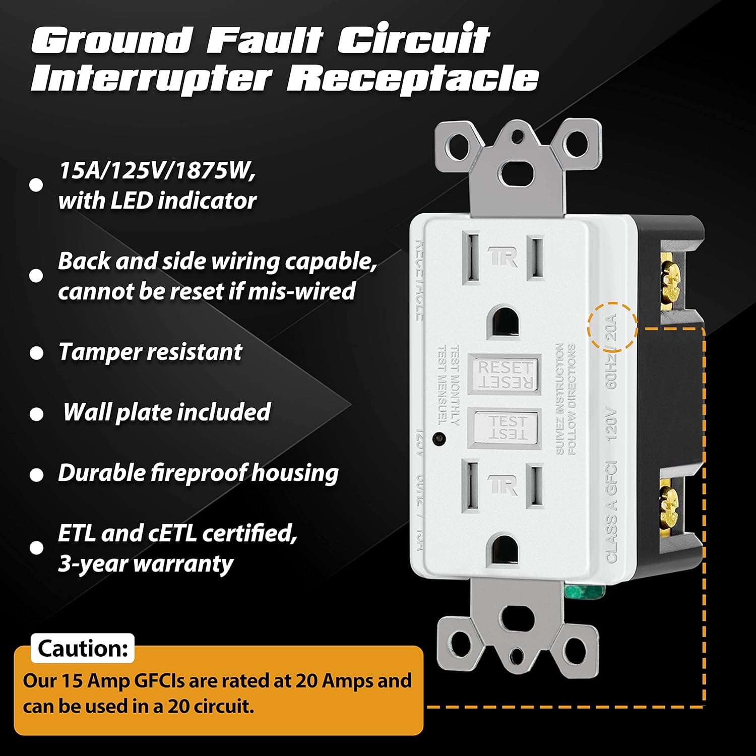 5 Pack - ELECTEK 15A/125V Tamper Resistant GFCI Outlets, Decor Receptacle with LED Indicator, Decorative Wall Plates and Screws Included, Residential and Commercial Grade, ETL Certified, White: Tools & Home Improvement