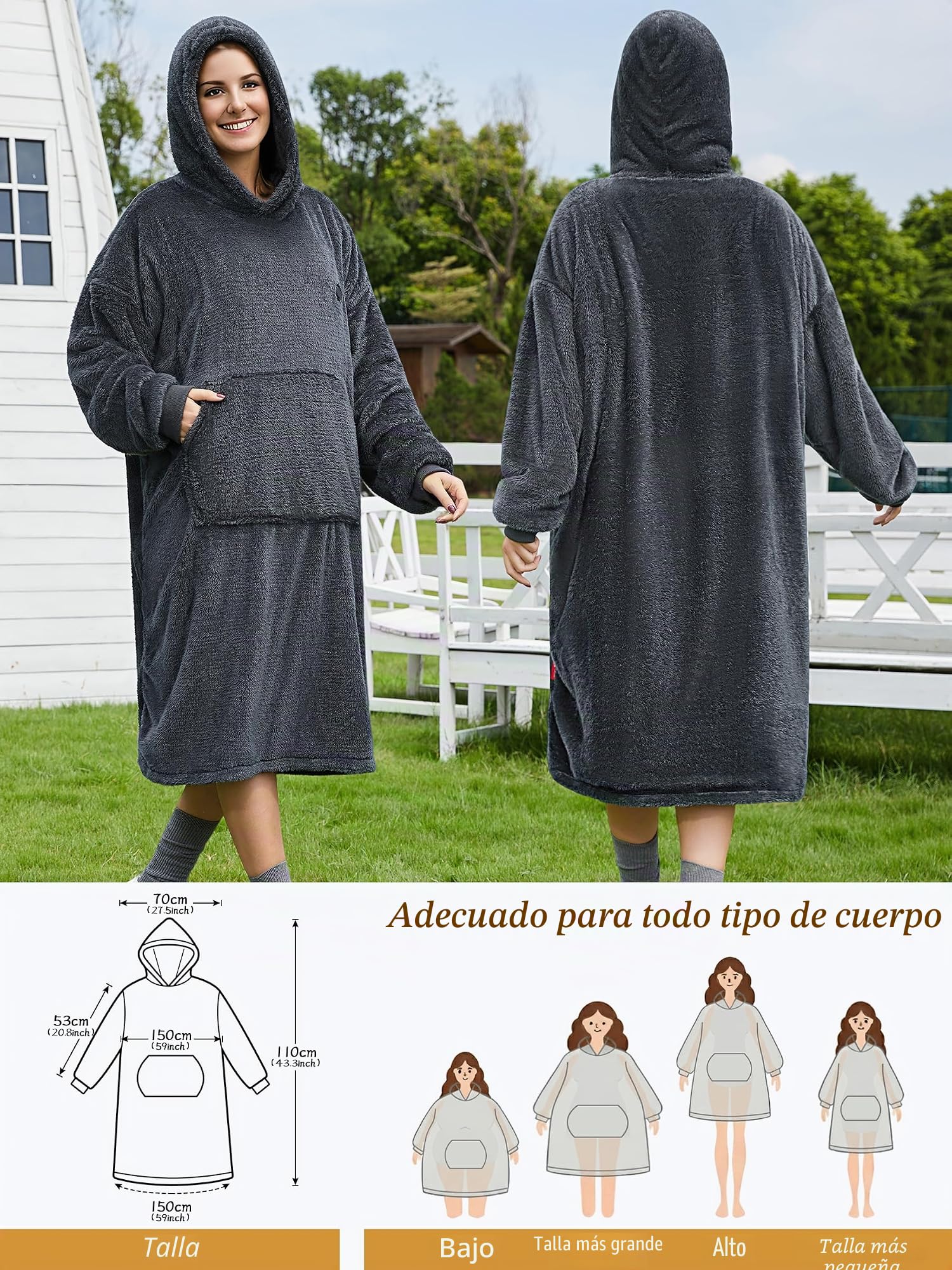 Vofuoti Manta Térmica Ponible con Capucha y Batería, 7.4V Manta Eléctrica de Franela Inalámbrica con Capucha, Cómoda Manta Eléctrica de Gran Tamaño para Interiores, Exteriores, Camping, Viajes