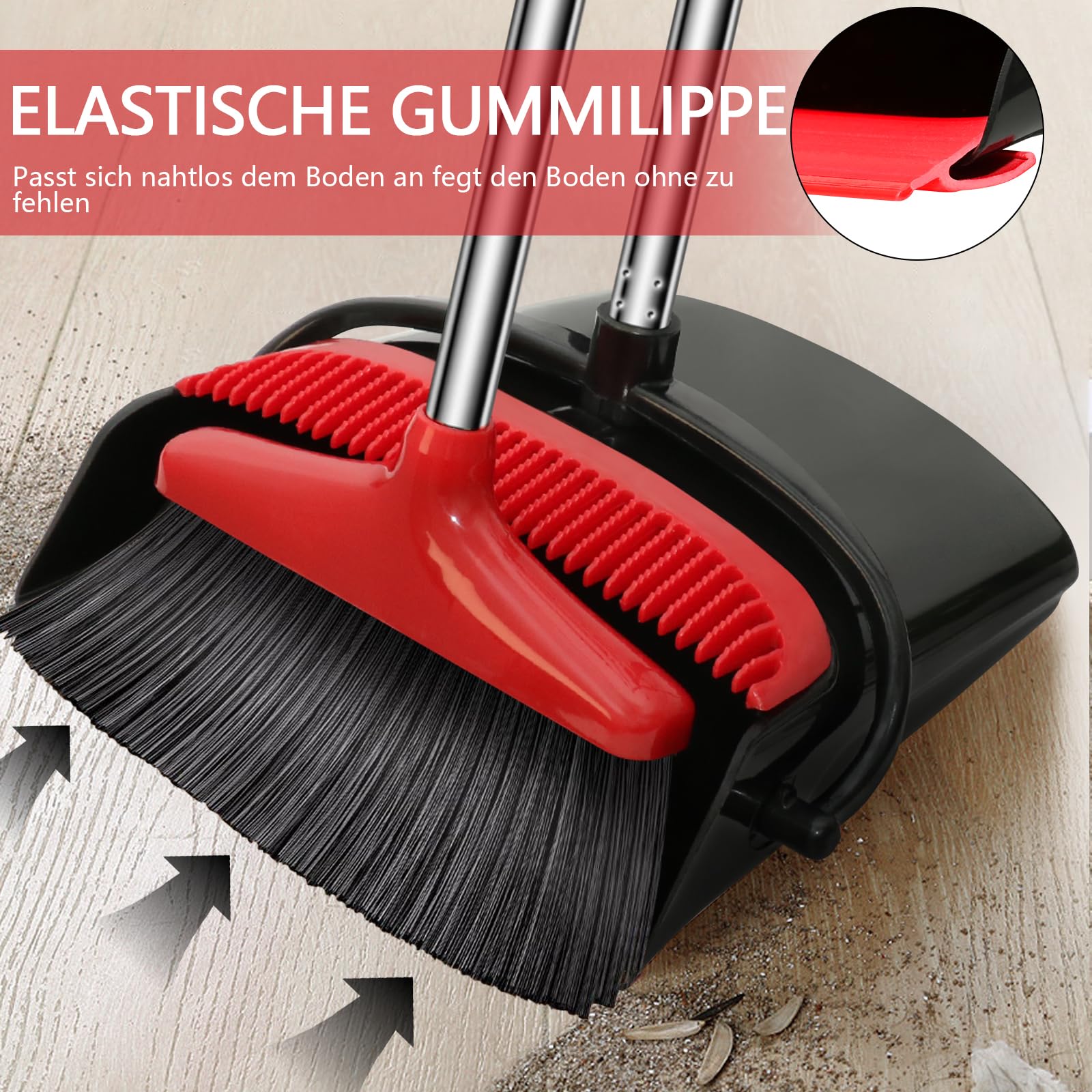 JIUNENG Set scopa e paletta, paletta con manico lungo, scopa di lunghezza regolabile,Scopa rimozione di Animali Gatti Cani peli per Pavimenti tappeti Piastrelle e Giardini Rosso