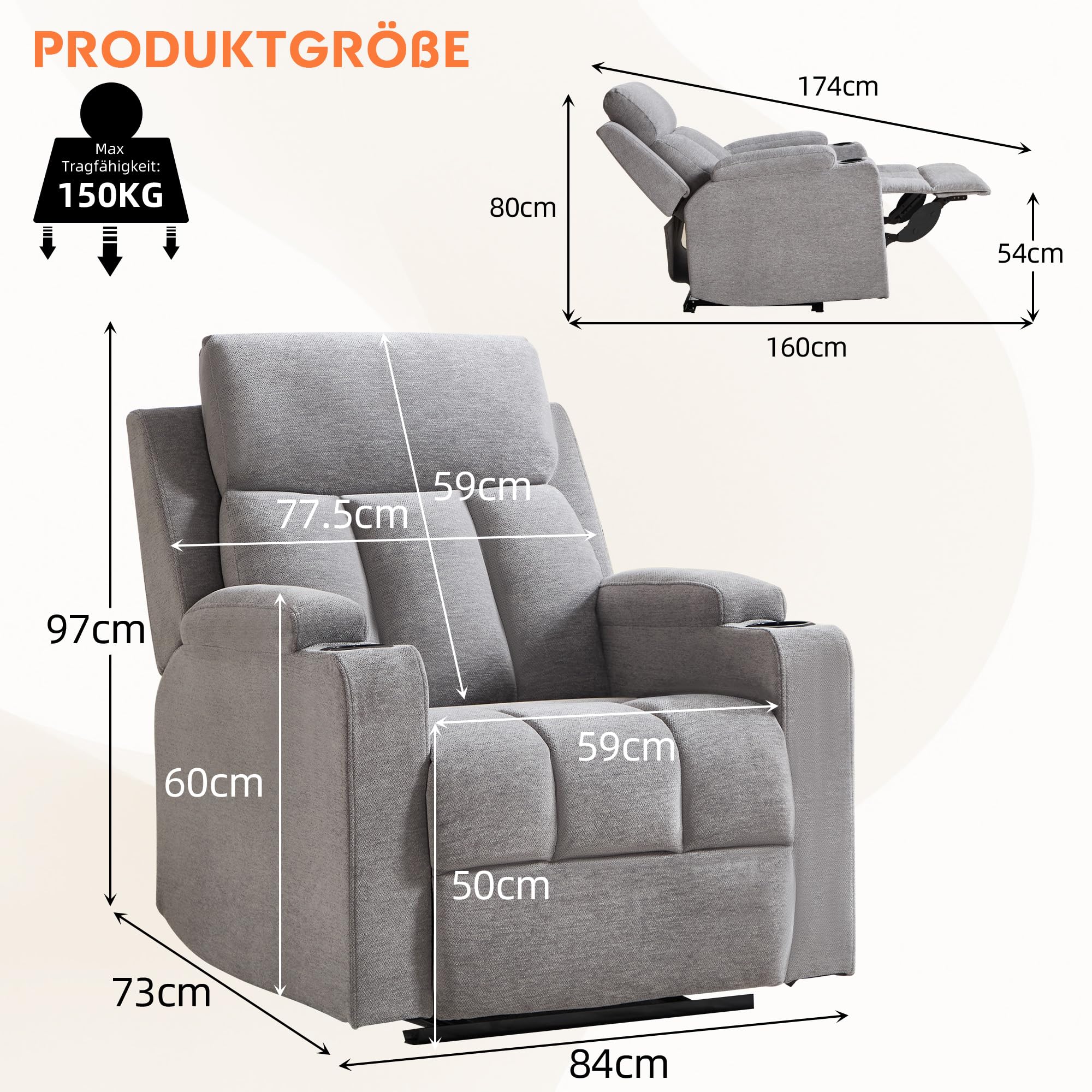 Simore Relaxsessel mit Liegefunktion, Fernsehsessel manueller mit Getränkehalter, bis 150 kg, Hellgrau