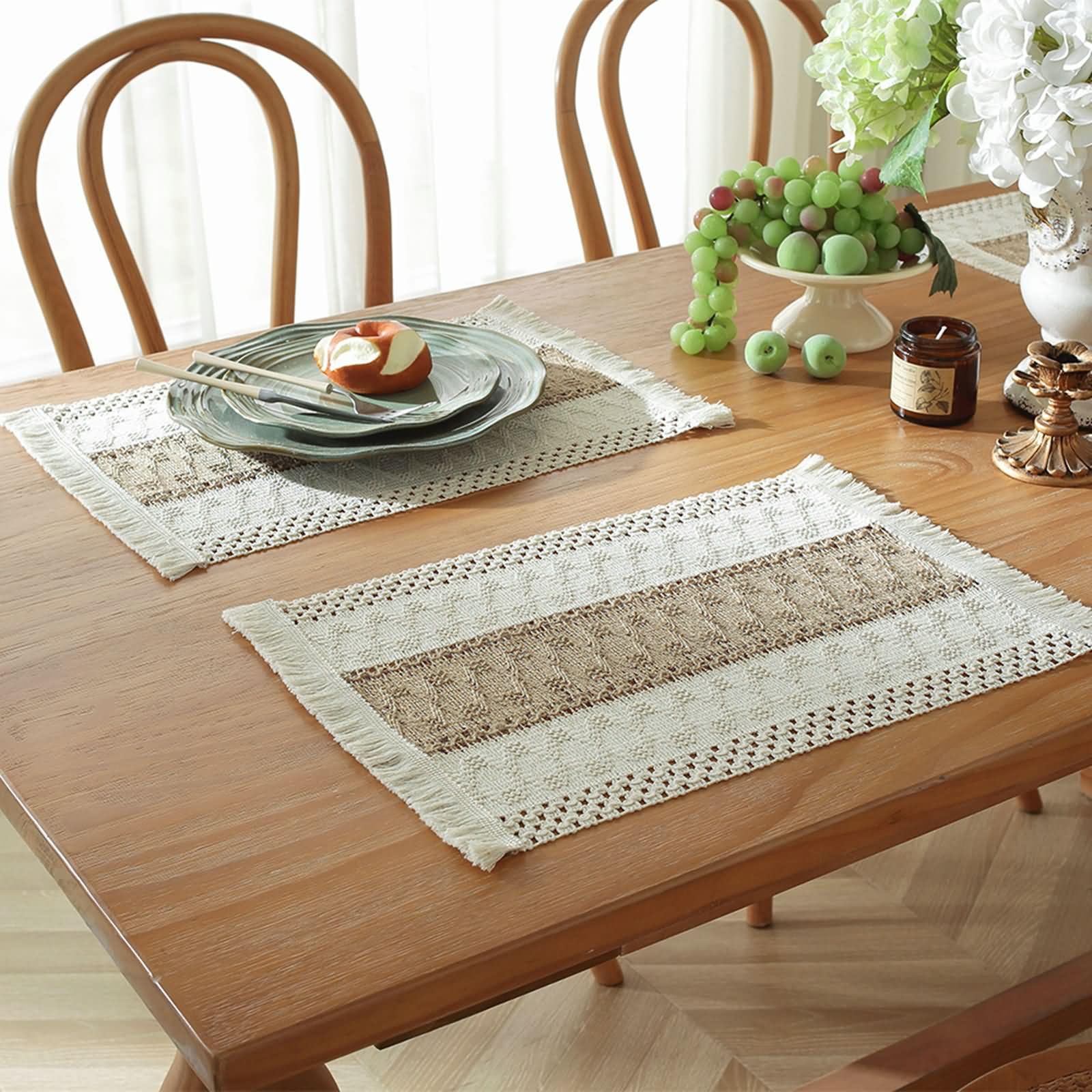 Platzdeckchen 8 Stück, 45 x 30 cm Platzset Antirutsch Leinen Baumwolle Kaffee, Geometrisch Gewebt mit Quasten
