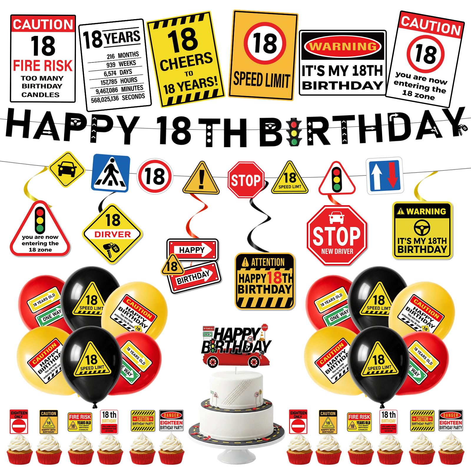 PURCAFT 39pcs Learner Driver 18th Birthday Decoration Include Warning Happy 18th Birthday Banner Hanging Swirls Cake Cupcake Toppers Ballons Party Sign for Boys Girls Years Old Birthday Party