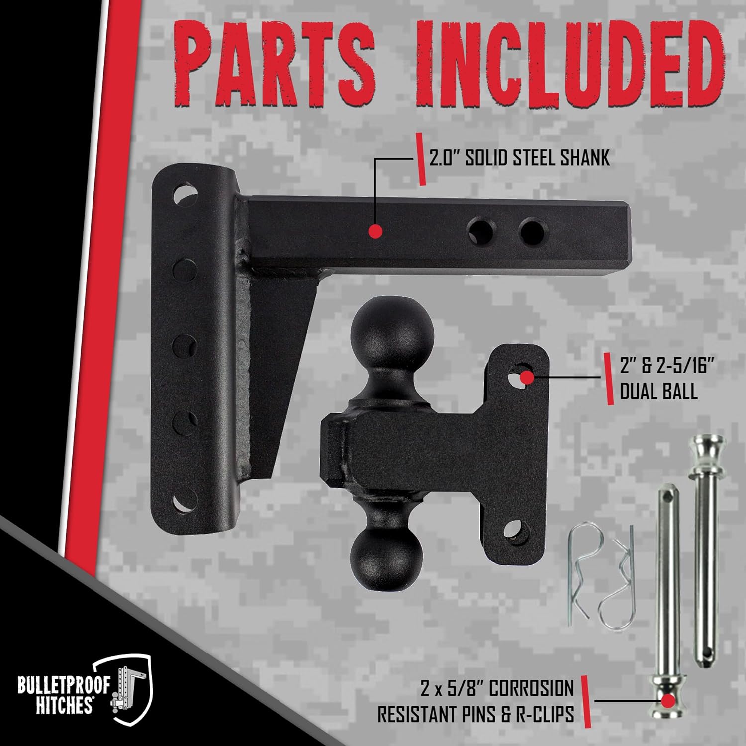 BulletProof Hitches - 2.0" Adjustable Heavy Duty Trailer Hitch (22,000 lb. Rating) - 4" Drop/Rise Trailer Hitch with 2" & 2-5/16" Dual Ball - Powder Coat, Solid Steel, Corrosion-Resistant