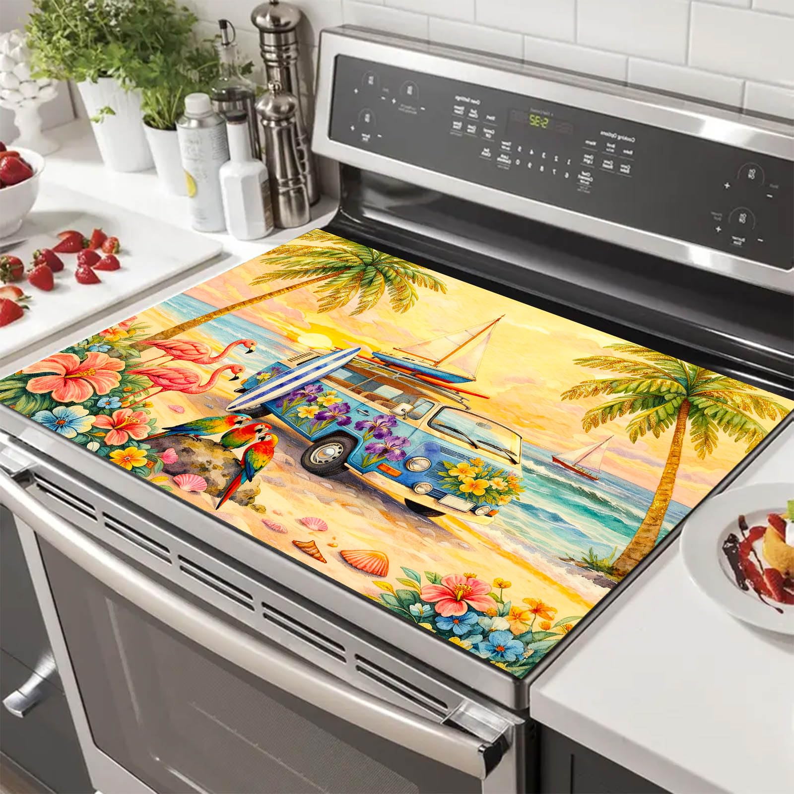 HOMETITUTE Summer Stove Top Cover 28x20 Beach Van Flamingo Heat Resistant