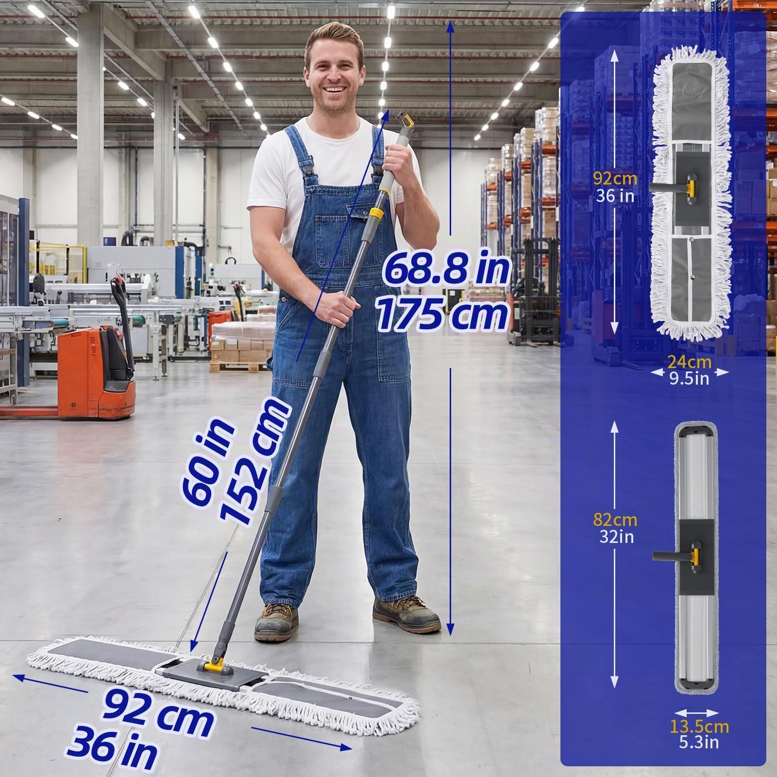 Masthome 36 pollici commerciale Dust Mop con telaio in alluminio | Manico regolabile da 152,4 cm, 2 diversi cuscinetti in tessuto per hotel, magazzini, garage