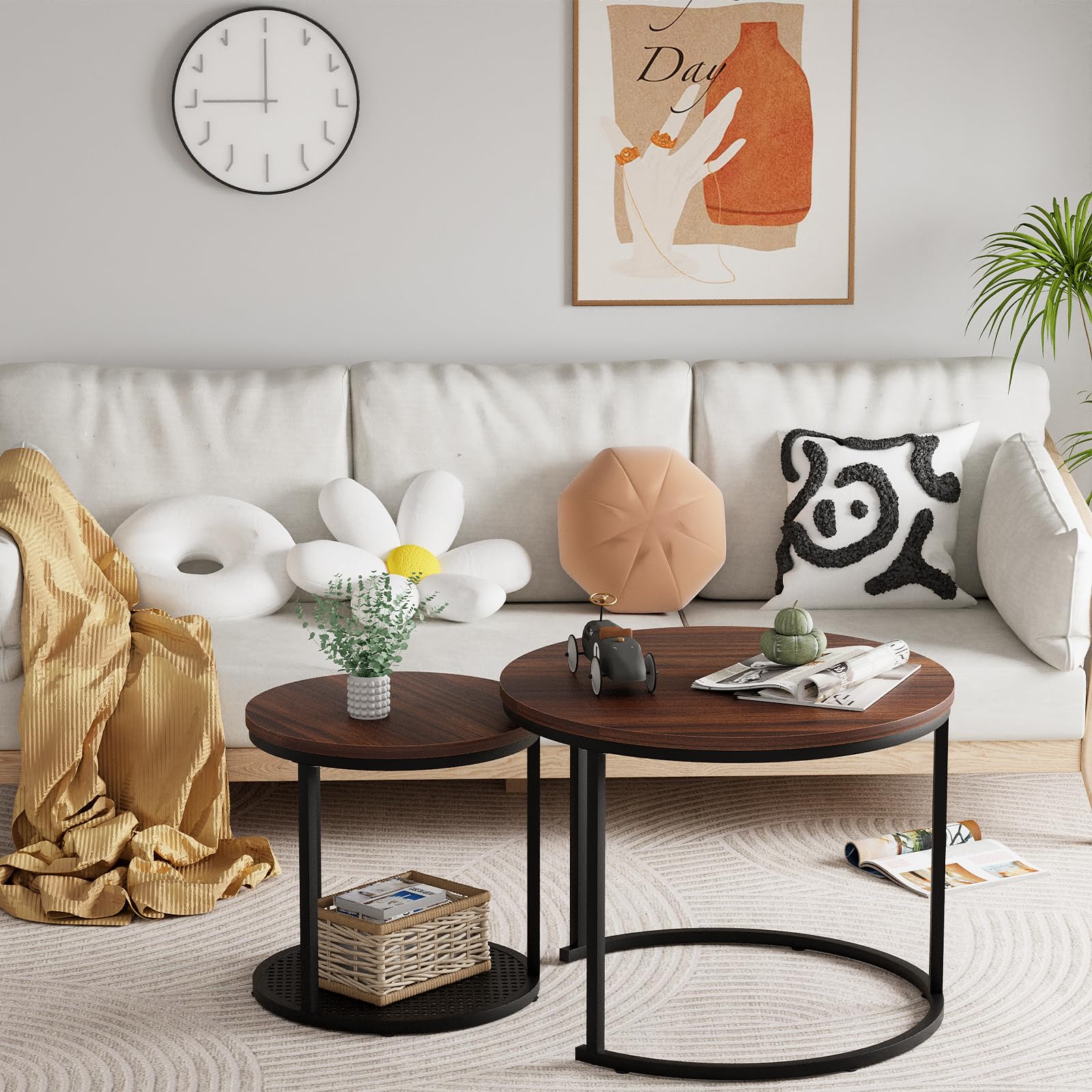 Huhote Round Coffee Tables, Set Of 2 End Table, Nesting Tables, Side