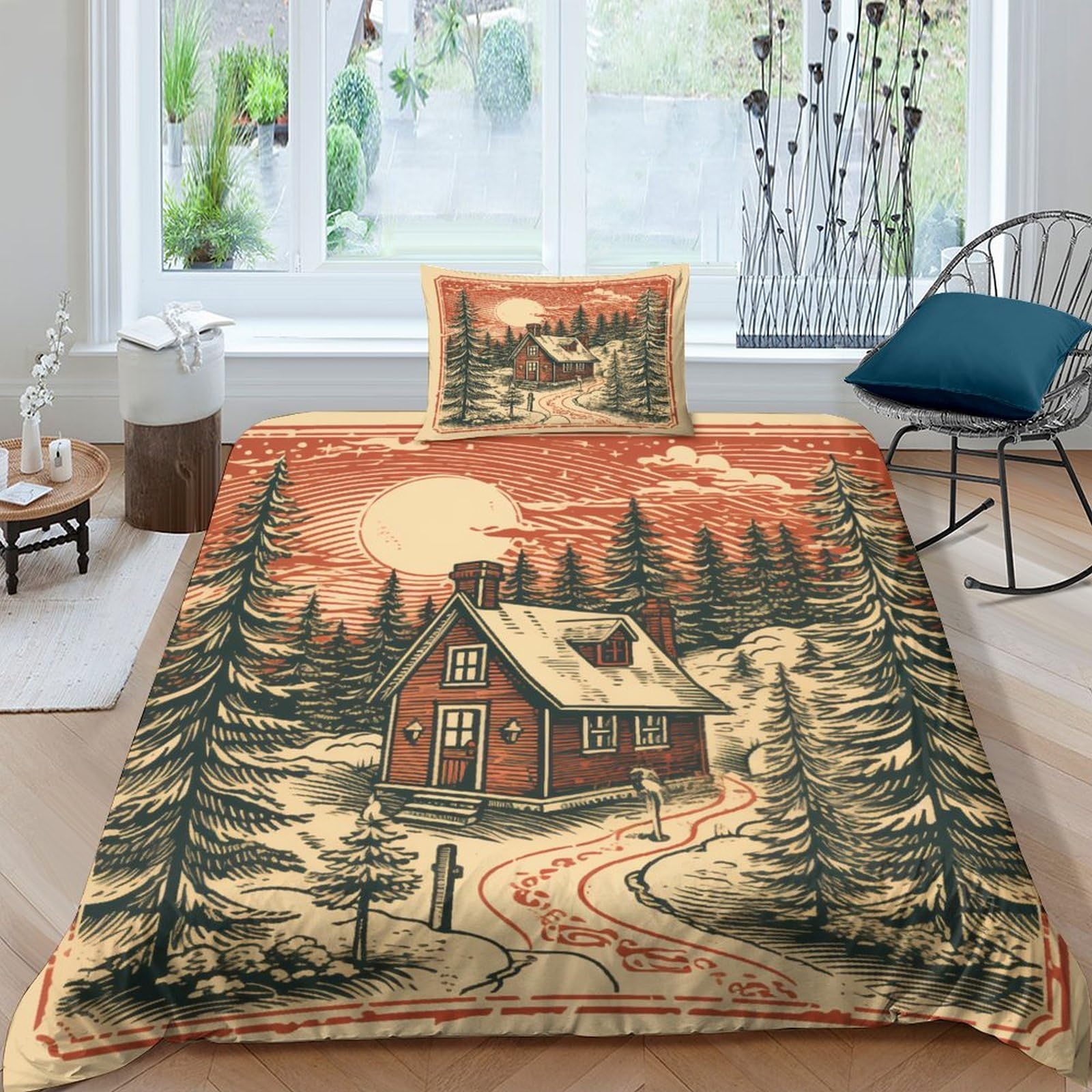 Housse de couette Noël vintage en microfibre douce avec zip pour lit simple 135x200cm