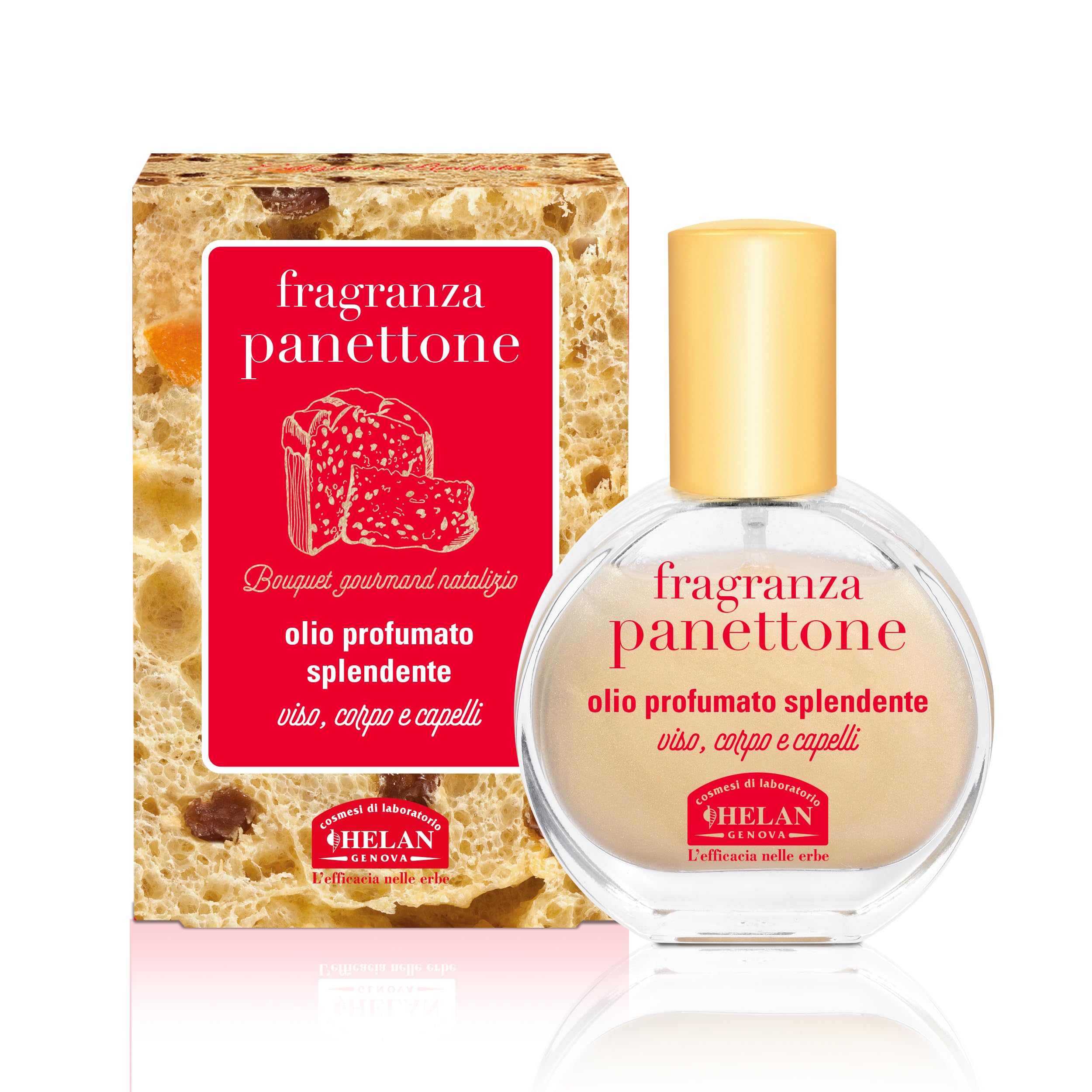 Helan Fragranza Panettone - Olio Capelli e Corpo Profumato Multiuso, Olio Secco Spray Luminoso anche Viso e Barba 100% Vegetale con Vitamina E, Mandorle Dolci, Oliva e Rosmarino, 30 ml, Made in Italy