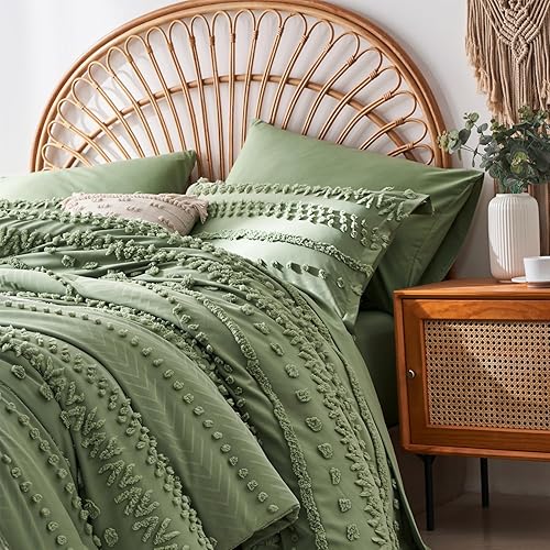 Miniatura 4 de sponwilar Juego de edredón de 7 piezas tamaño King, color verde salvia copetudo, estilo bohemio, desgastado y elegante, juego de sábanas y sábanas