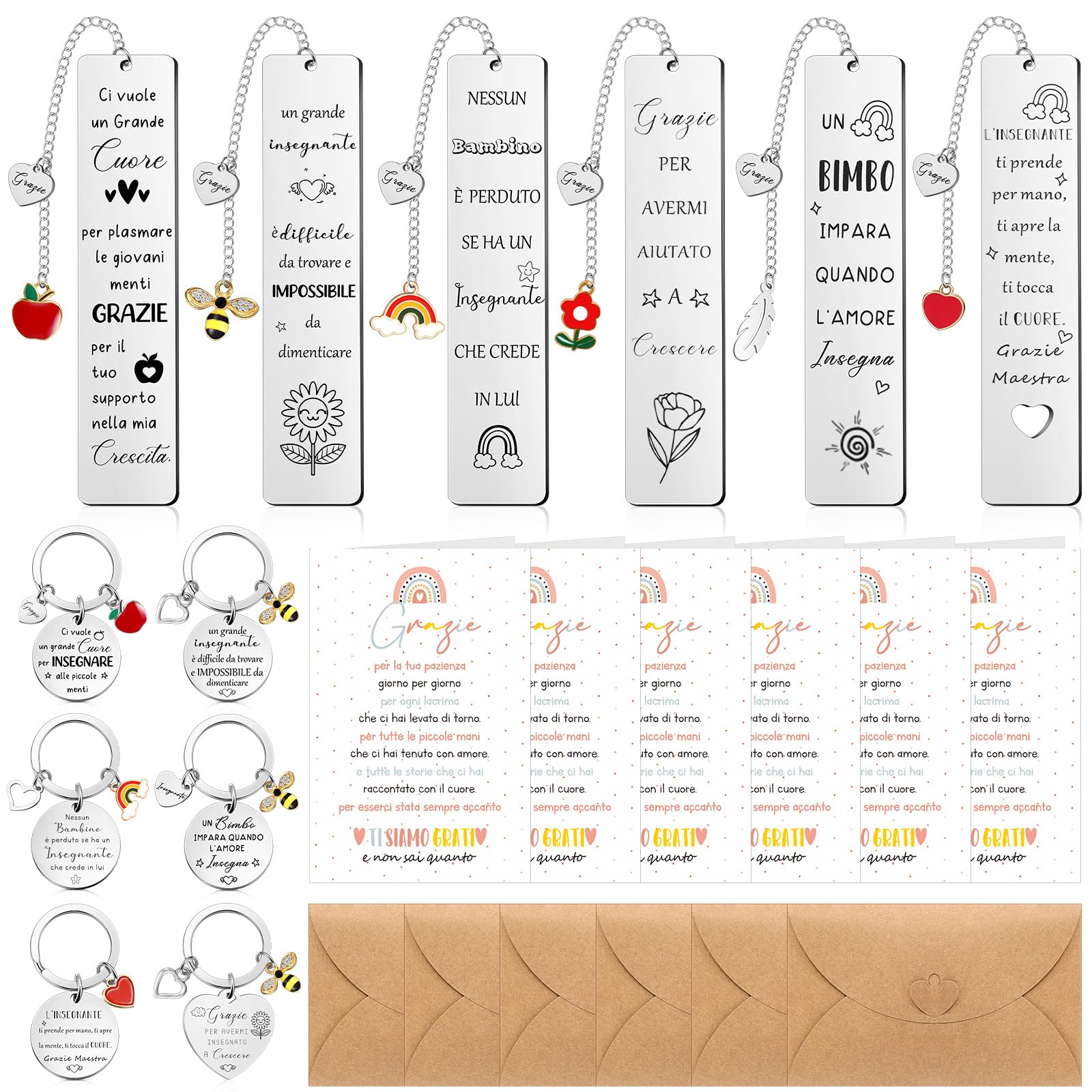 Tenare 6 Set Idee Regalo Insegnanti Include 6 Segnalibri Maestra 6 Portachiavi Insegnanti 6 Biglietti Arcobaleno e 6 Buste Regalo Maestra Fine Anno per Asilo Ci Vuole un Grande Cuore