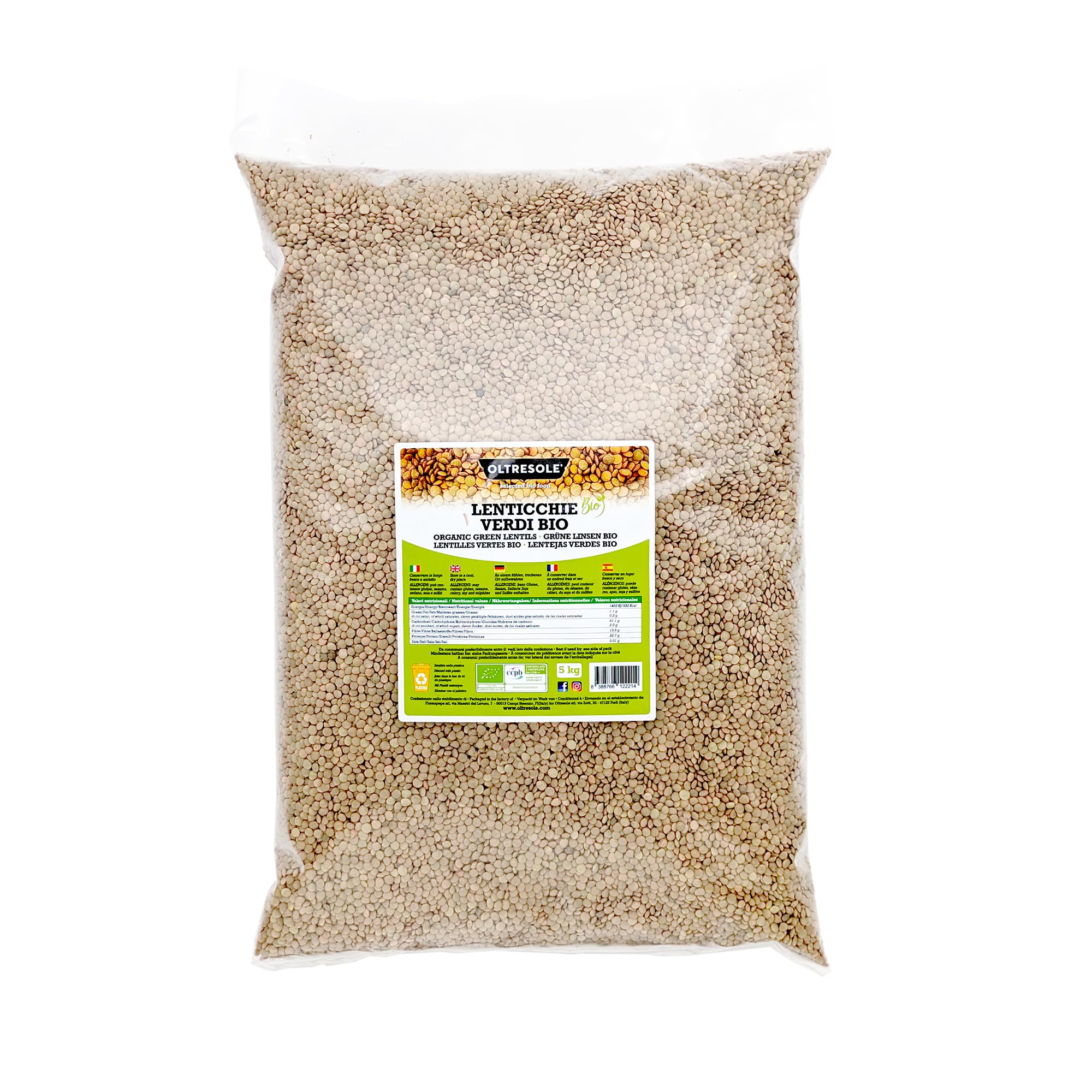 Oltresole, Lentejas verdes ecológicas 5 Kg, Legumbres secas enteras ecológicas, Fuente de proteínas y fibra, Ricas en fibra y sales minerales, Tamaño práctico