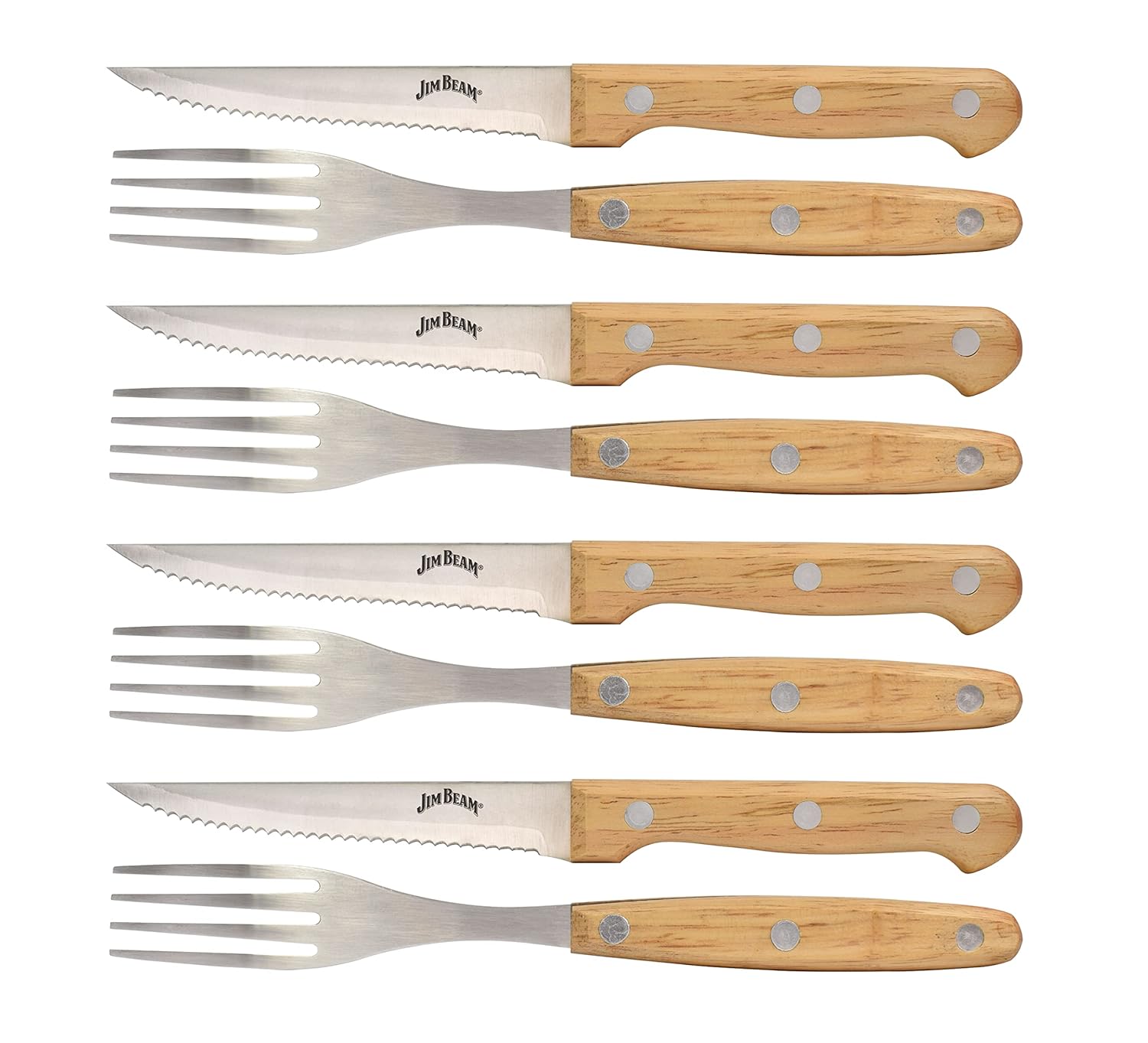 Jim Beam Set of 8 Ideal, Chicken, Pork and More-Steak Knives and Forks Made of Stainless Steel Blade and Contoure, Medium, Light Brown, JB0208
