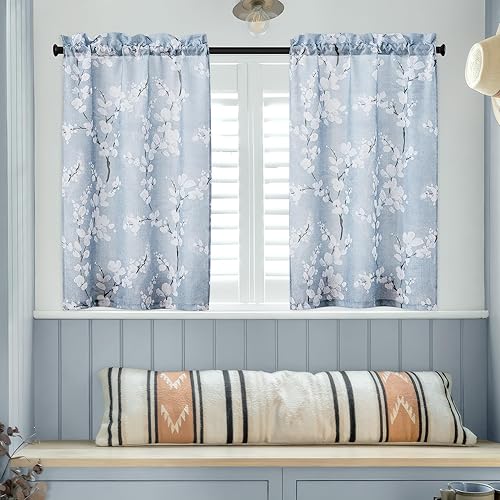 Miniatura 6 de FMFUNCTEX Cortinas de cocina azul-blancas para baño, cortinas de lona pequeñas florales para baño, sótano, ventanas de 24 pulgadas, filtro de luz,