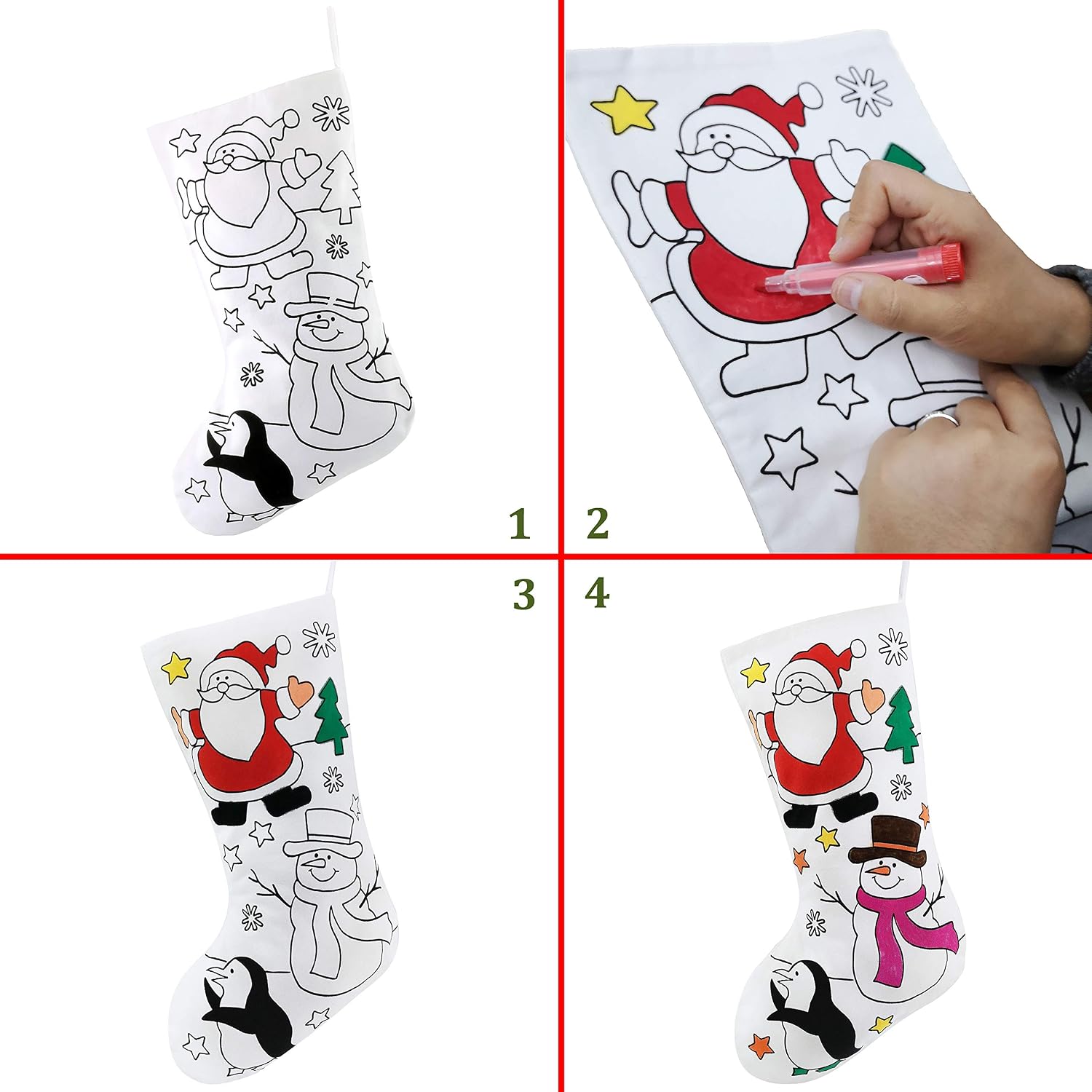 WEWILL 18’’ DIY Christmas Stockings Color Your Own Personalized Xmas Stockings Creative Gift Bag for Family Friends Home Holiday Decoration Santa Claus Snowman Reindeer Penguin, 3pcs