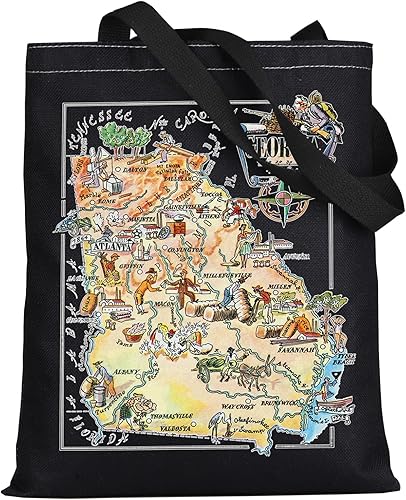 LEVLO Fun State Map Of Georgia Tote Bag Georgia Travel Souvenir Gift 1940's Georgia Cartoon Illustration Shoulder Bag