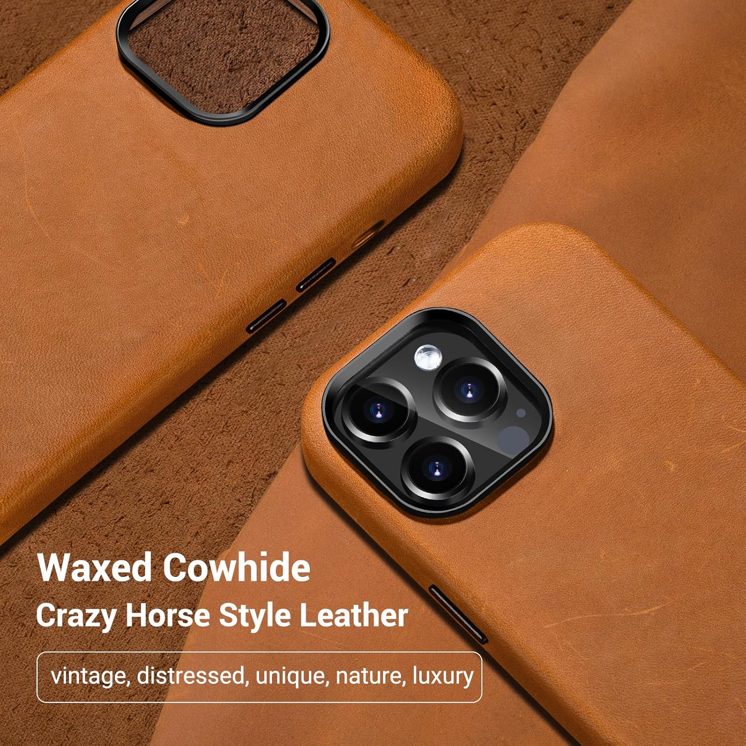 Belemay Compatible with iPhone 14 Pro Max Leather Case with Magsafe - Top Grain Vintage Crazy Horse Leather - Metal Buttons & Camera Bezel Bump- Slim Fit - Premium Phone Cover (6.7-inch)-Tan Brown - Image 2