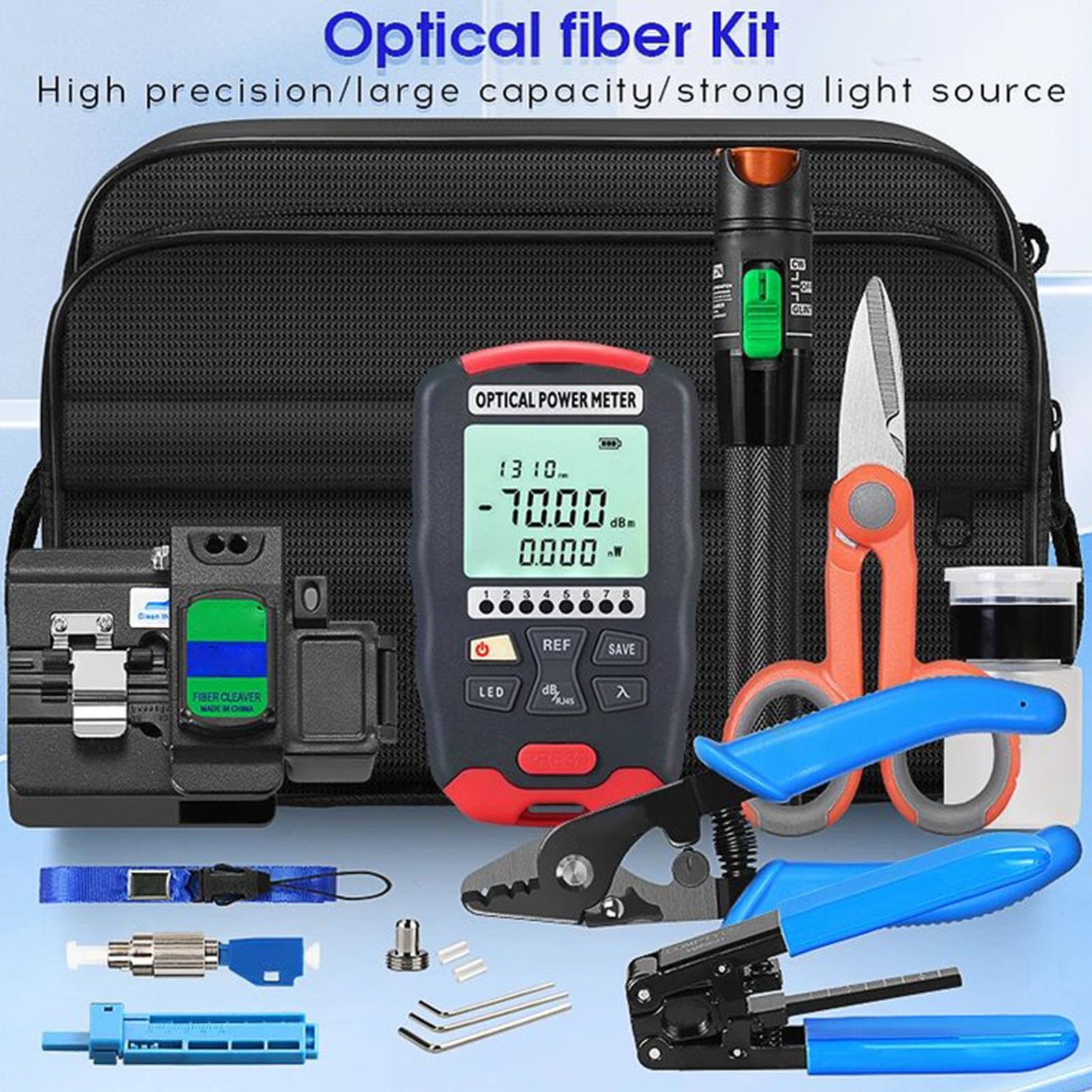 Outils de Fibre Optique – Ensemble D'outils de Soudage à Froid pour Câble FTTH 18 en 1 avec Couperet de Fibre Optique et Localisateur Visuel de Défauts VFL 30 Km avec Couperet de