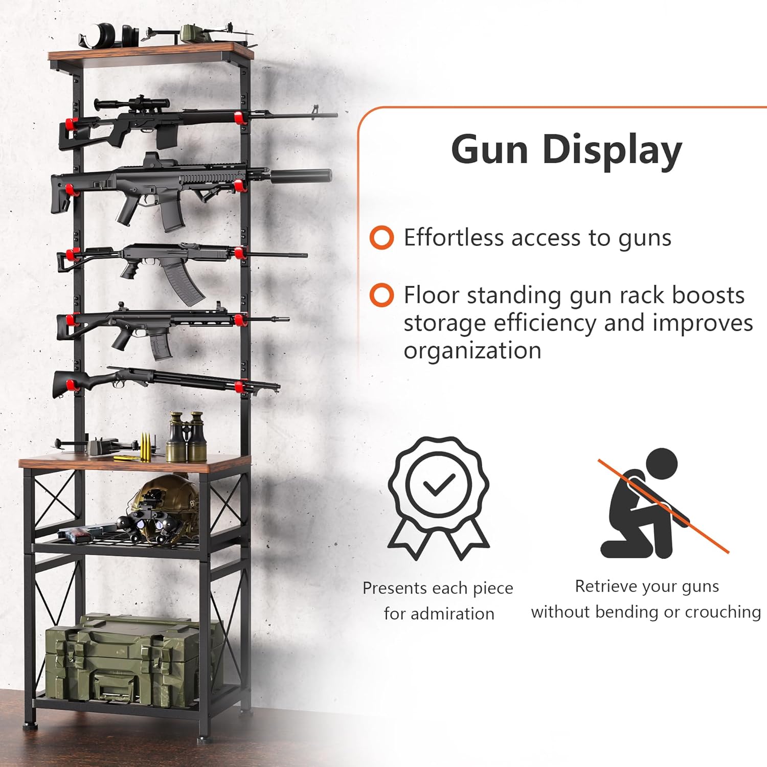 YOHKOH Gun Rack, Wall Mount Gun Rack Stand with Adjustable Feet for Stability, Holds 5 Guns, Rubber Coated Hooks for Scratch Protection, Heavy-Duty Carbon-Steel Build, Black