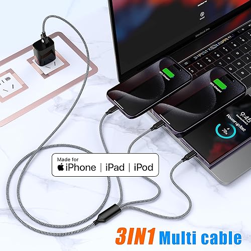 Miniatura 5 de Cable largo de carga múltiple de 10 pies, paquete de 2 cargadores 3 en 1, cable múltiple cargador de iPhone, cable Lightning de nailon, trenzado,