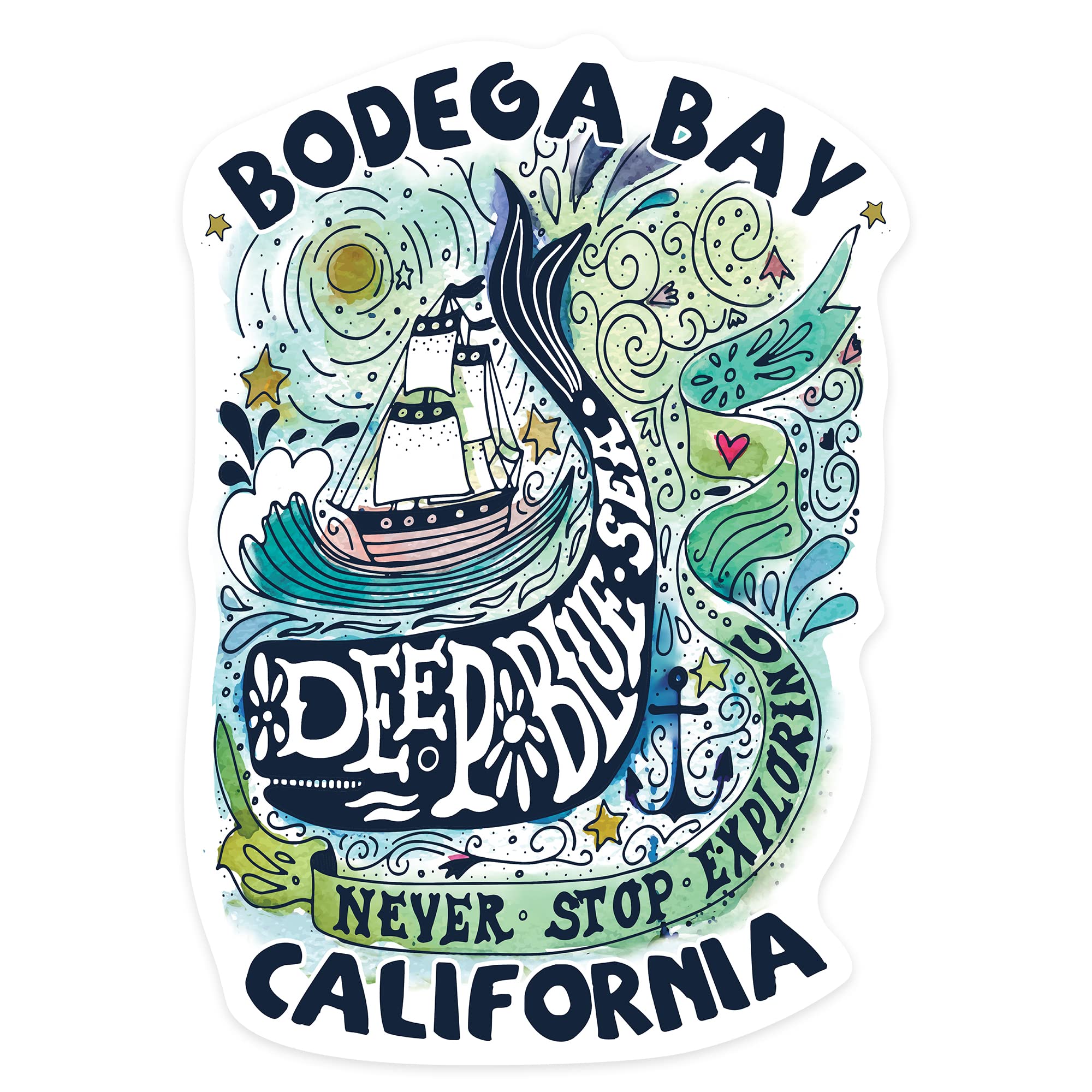 Die Cut Sticker Bodega Bay, California, Watercolor Whale, Deep Blue Sea, Nautical Art, Contour Vinyl Sticker 1 to 3 inches (Waterproof Decal for Cars, Water Bottles, Laptops, Coolers), Small
