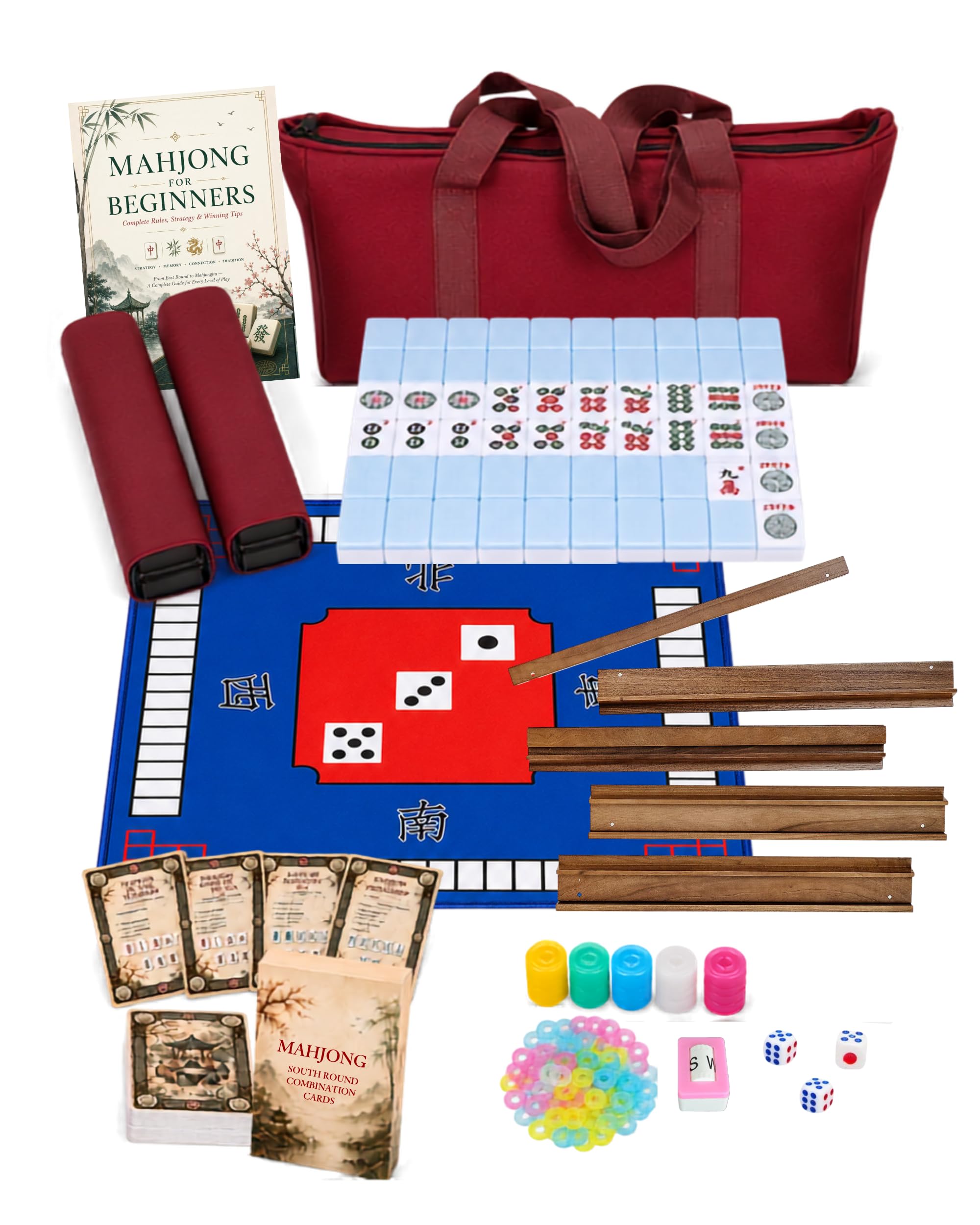 Premsons® American Mahjong Set – 166 Blue Melamine Tiles & Mat | Blue Melamine Tiles, South Round Cards, Rulebook, Racks, Pushers, Dice, Beginner Guide Included, Storage Carry Bag-image-3