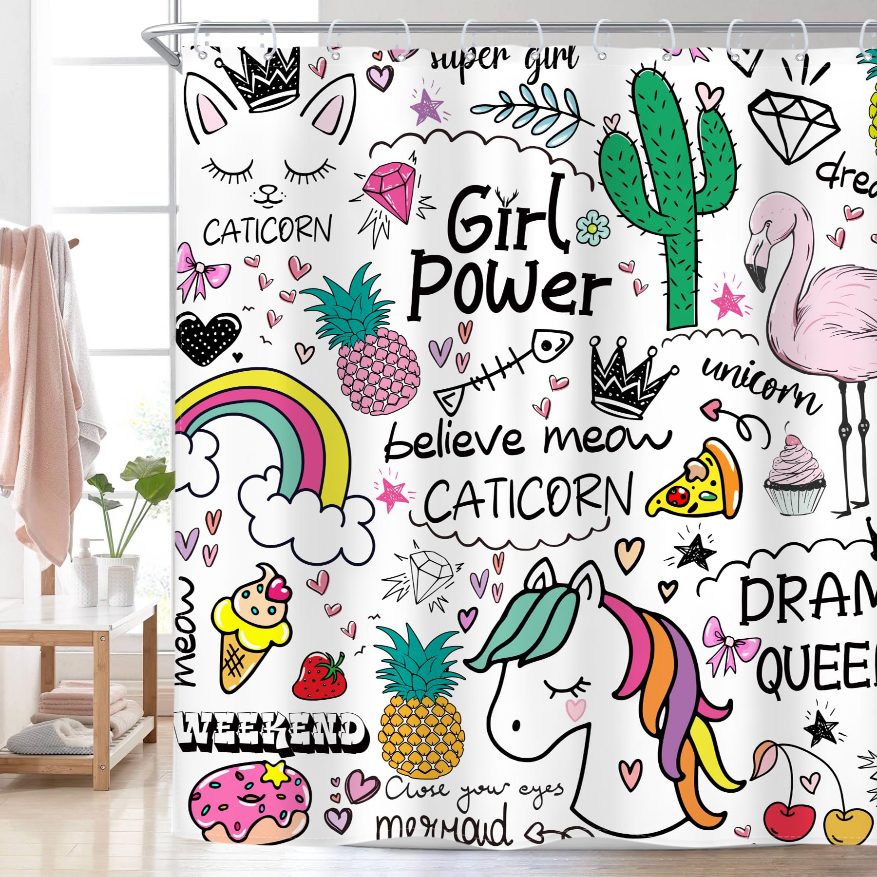 Riyidecor Kids Shower Curtain 72Wx72H Inch Girls Rainbow Shower Curtains Colorful Cute Flamingo Pineapple Cactus for Bathroom Decoration Set Waterproof Polyester Fabric with 12 Hooks
