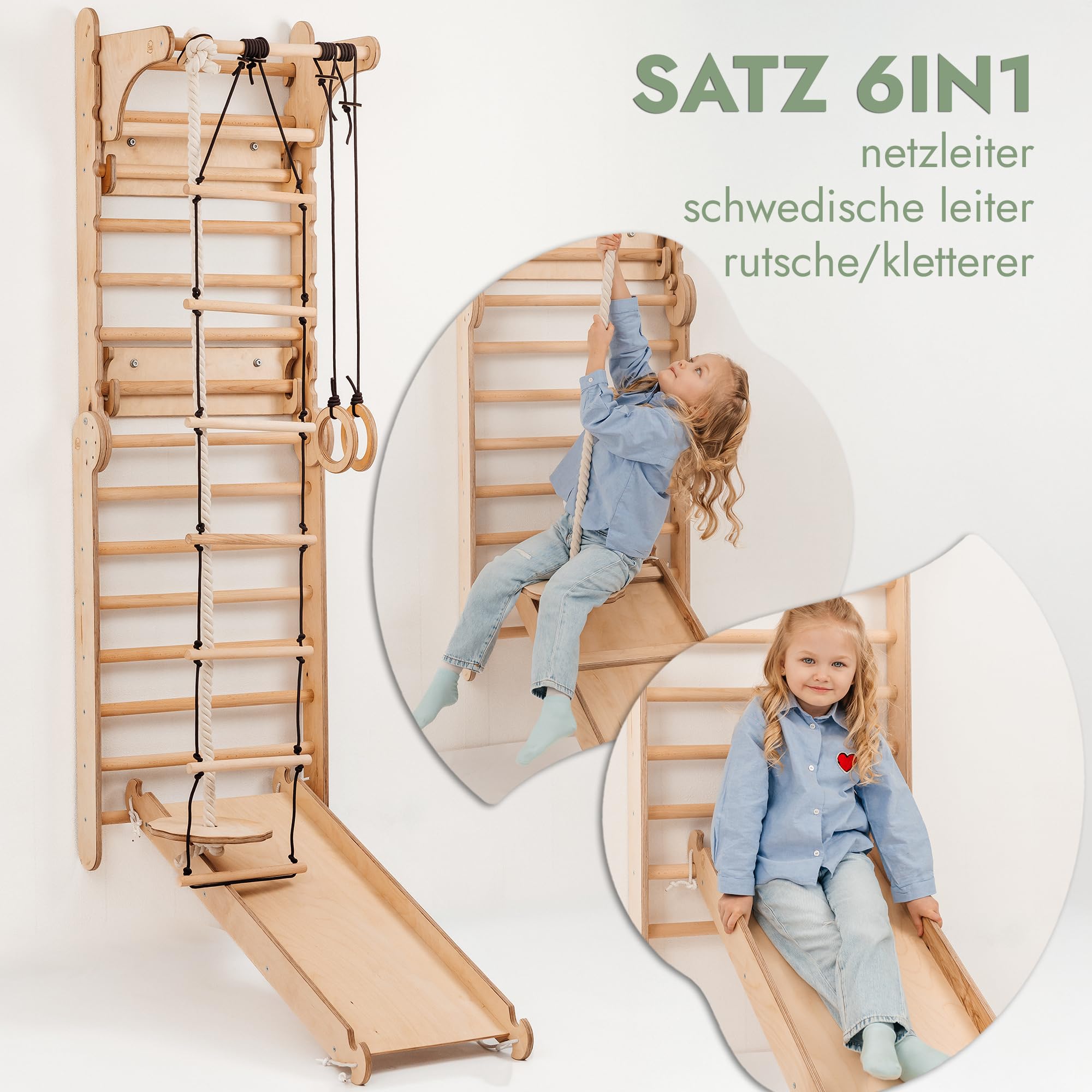 Goodevas 6-in-1 Holz Schwedenwand & Rutschensatz – Vielseitiges Indoor Kletterdreieck Set für Kinder mit Leiter, Rutsche, Monkey Bars – Perfekt für 2 bis 12 Jährige