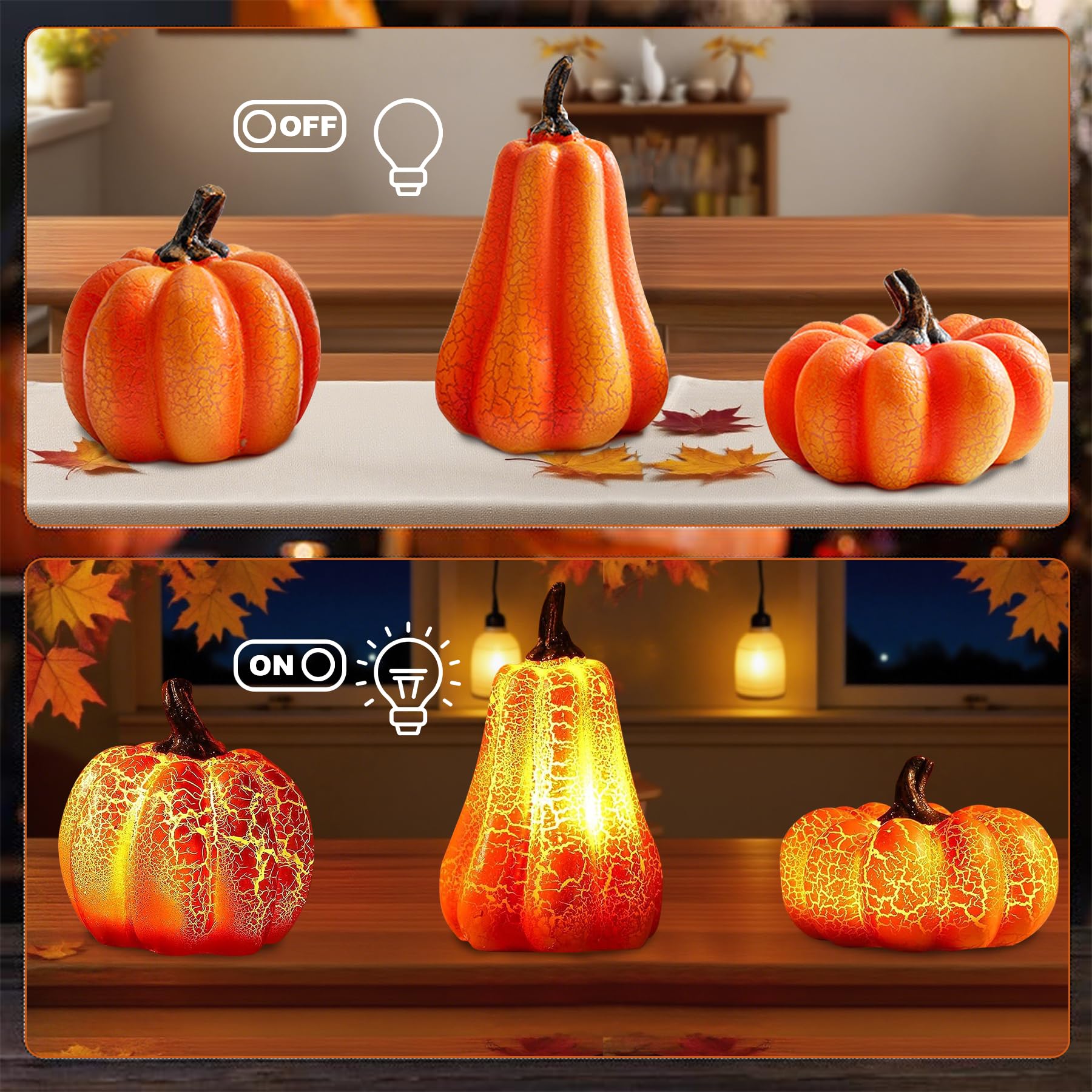 GOEDCH - 3 Citrouilles LED Déco D'Automne Et Halloween - Lumière Chaude, Résine, Ambiance Festive