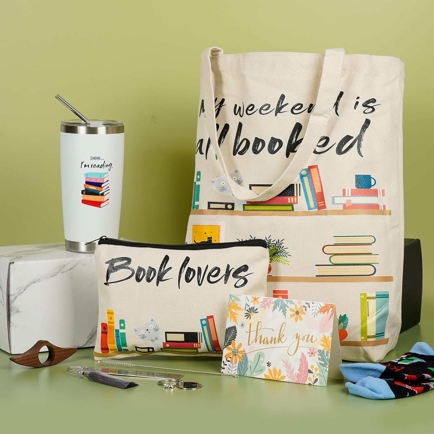 Kolewo4ever 11 Pieces Book Lovers Gifts Box Set Insulated Tumbler,Tote Bag,Makeup Bag,Socks,Keychain,Bookmark,Flipper