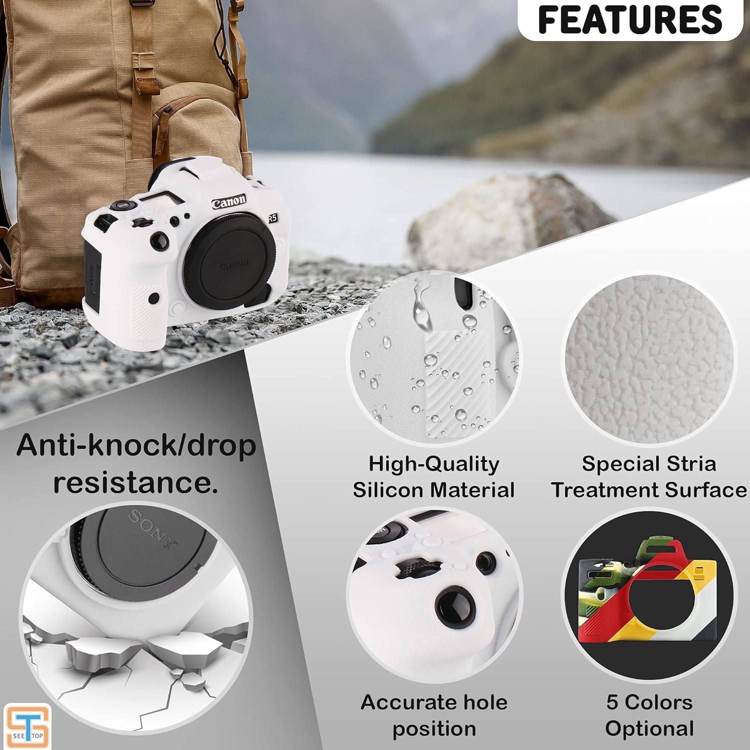 Camera Case for Canon R5 - Silicone Protective DSLR Skin Cover, Detachable Cage, Shockproof, Dustproof (White)