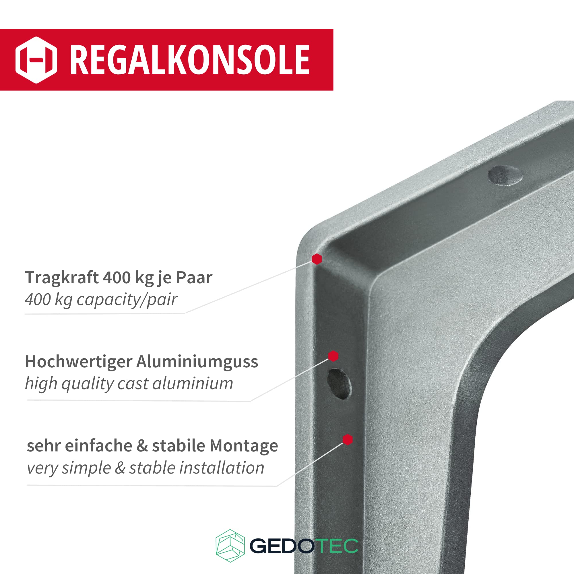 Gedotec Schwerlastkonsole Alu Regal-Konsole | SPARTA | Tiefe: 500 mm | 1 Stück | Schwerlastträger aus Aluminium | Tragkraft 400 kg pro Paar für Wandregale | Regalträger rostfrei | Wand-Winkel