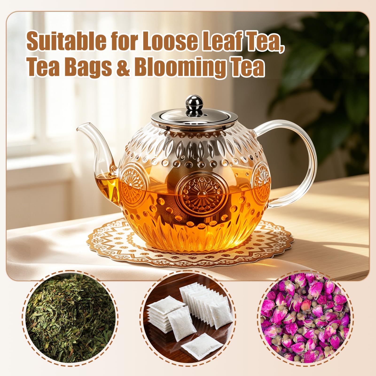 Teiera in vetro da 1500 ml, con infusore e sottopentola, per 4-6 tazze | Teiera in vetro borosilicato per foglie sfuse e tè in fiore, bustine di tè, lavabile in lavastoviglie e congelatore