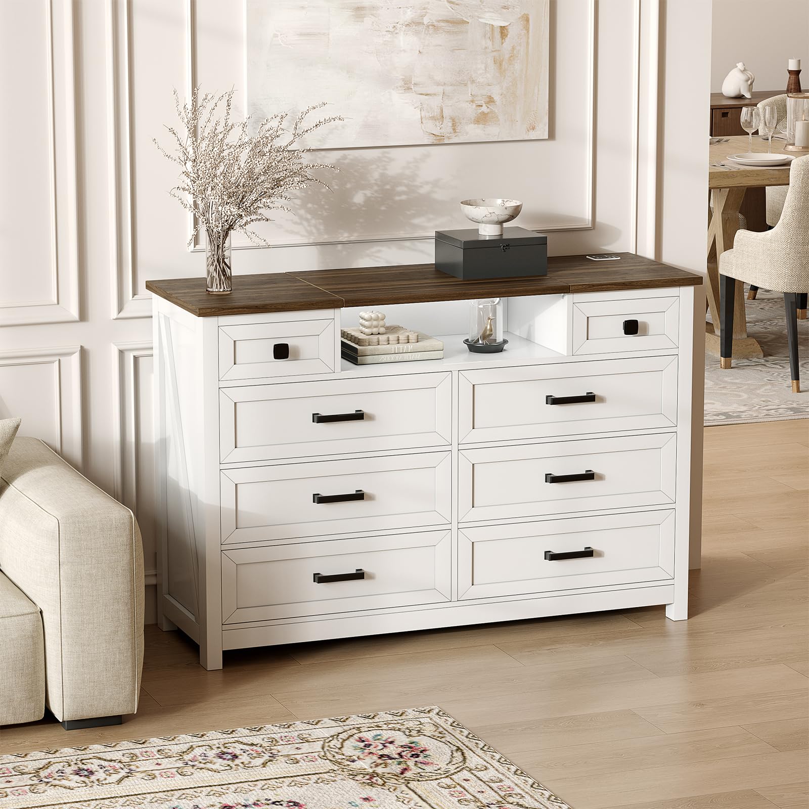 BROTTAR Kommode mit 8 Schubladen und LED Spiegel, Komodenschrank mit Ladestation, Kommode Weiß für Schlafzimmer Wohnzimmer für Kleidung, Dokumente, Spielzeug, 120x40x83cm