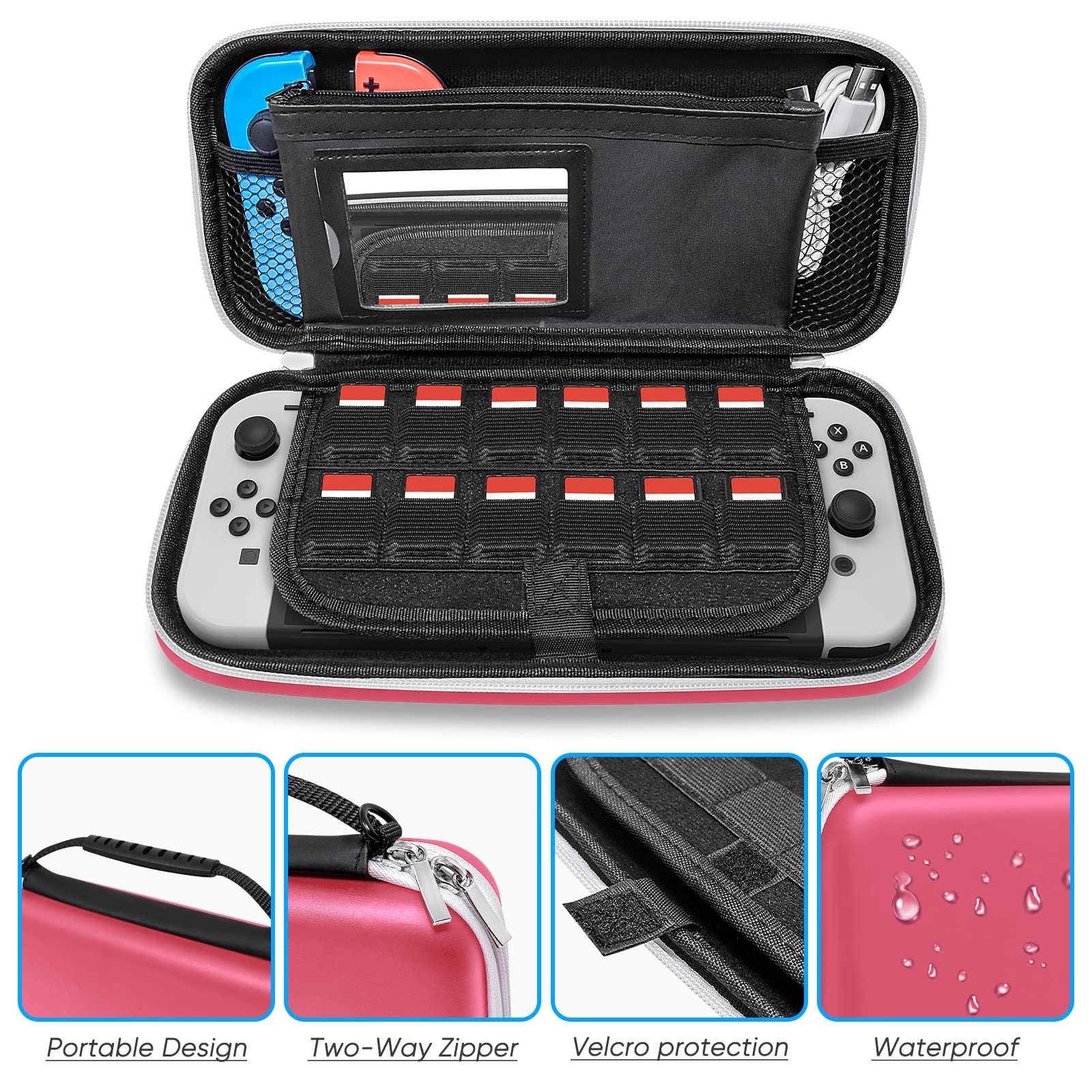 FYOUNG Étui de Transport et Housse de Protection, Kit Accessoires Compatible avec Switch OLED, Case de Voyage Portable, Coque pour Switch OLED, Protection D'écran, Capuchons de Pouce - Rose
