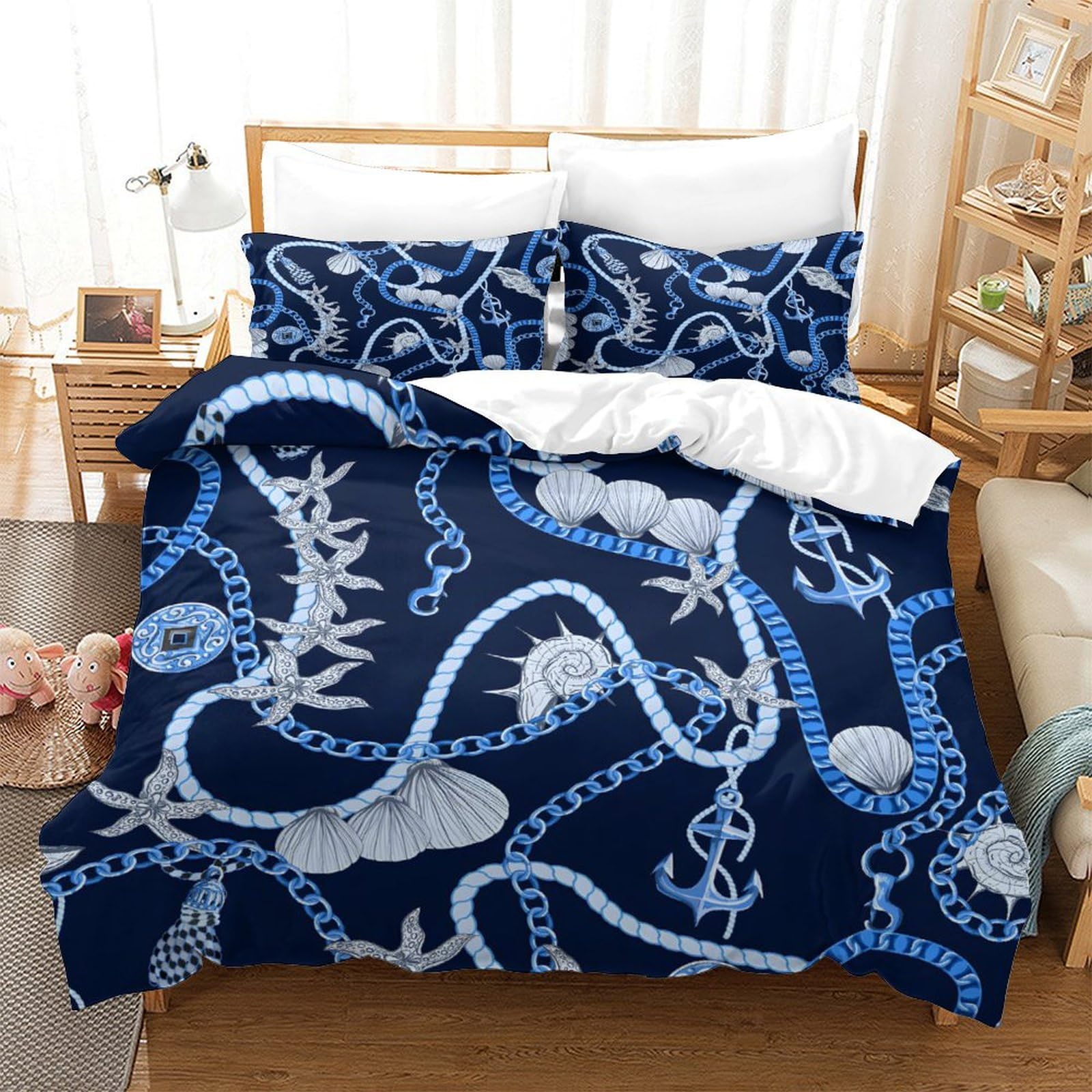 GDEKCIEAS Chains,Anchors And Shells Kids Bedding Set,Ultra Soft 3Pcs Duvet Cover,Comforter & Bedspread Cover for Boys,Girls,Teens – Easy Care Super King（260x220cm）