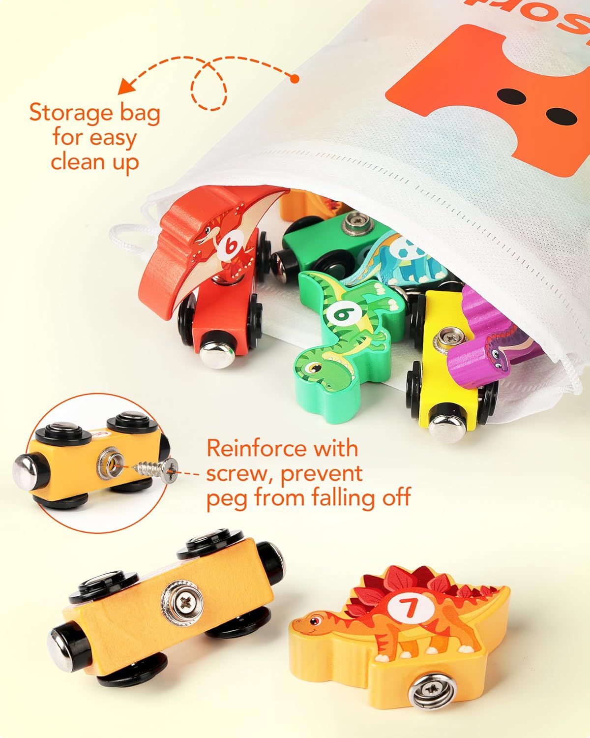 Wooden Dinosaur Train Set, Magnetic Dinosaur Toys and Number Train for Toddlers, Educational Montessori Toy for Counting and Motor Skills, for 3-5 Year Old Boys Girls