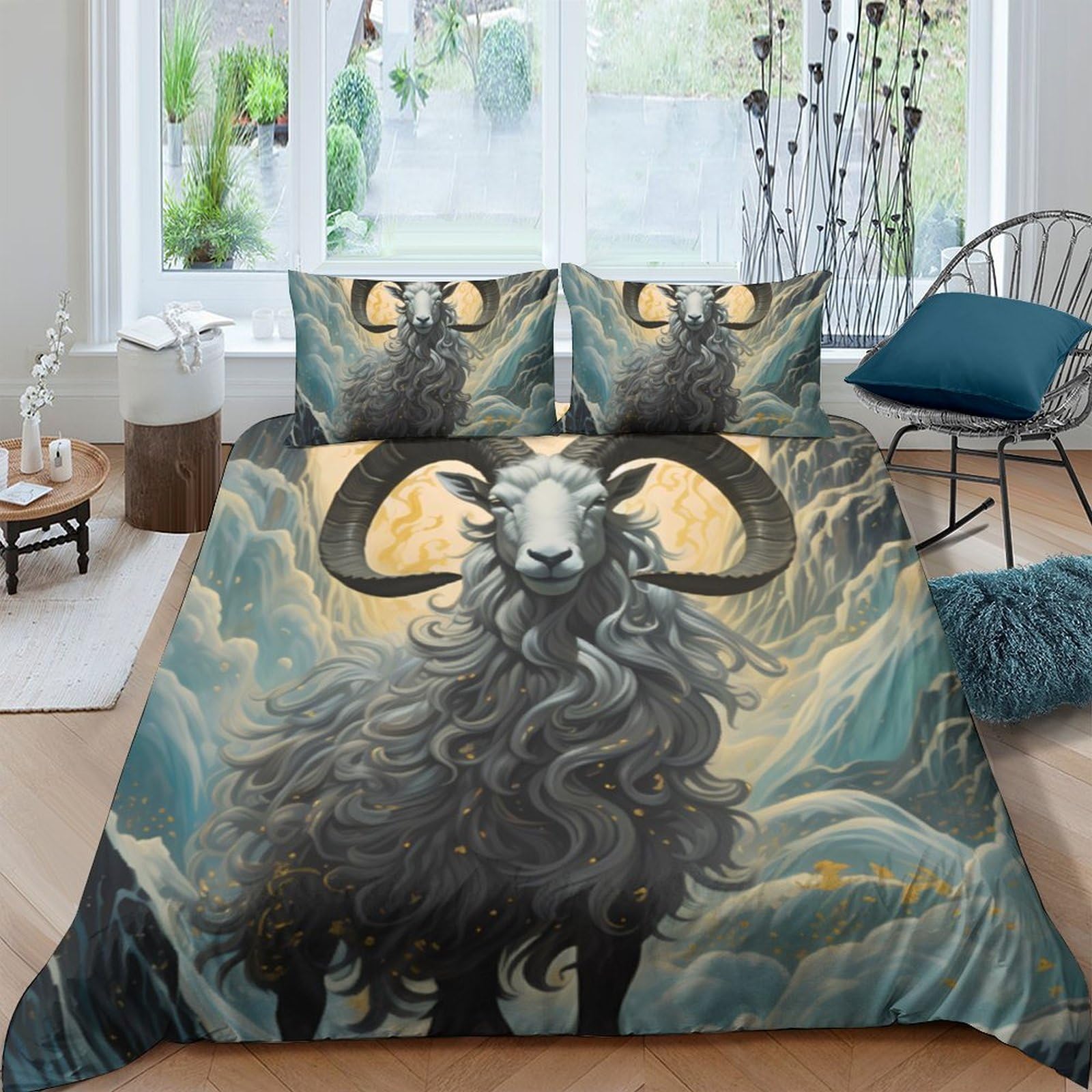Ctjqhvkz Style-1 3D Printed Dark Goat Fitted Sheet Microfiber Soft Breathable Moon Forest Mattress Cover For Bedroom Dorm Decor Single（135X200cm）