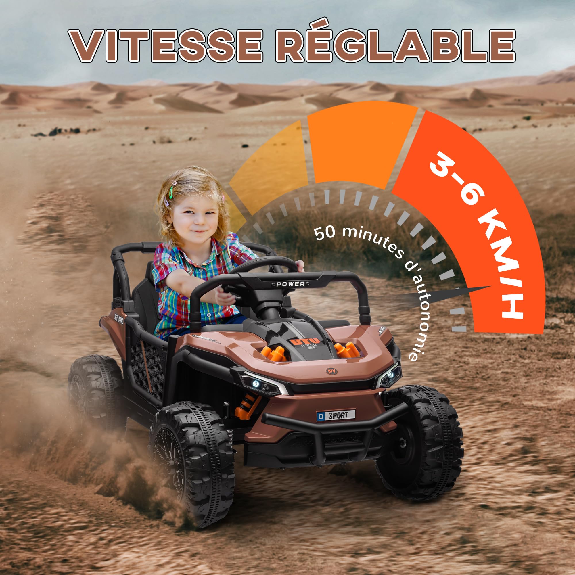 AIYAPLAY Voiture Électrique Enfant UTV Buggy Électrique Enfant Marron | Télécommande 2.4Ghz, 2 Moteurs 12 V, 2 Vitesses, Musique, Klaxon, Lumières, 3-5 Ans