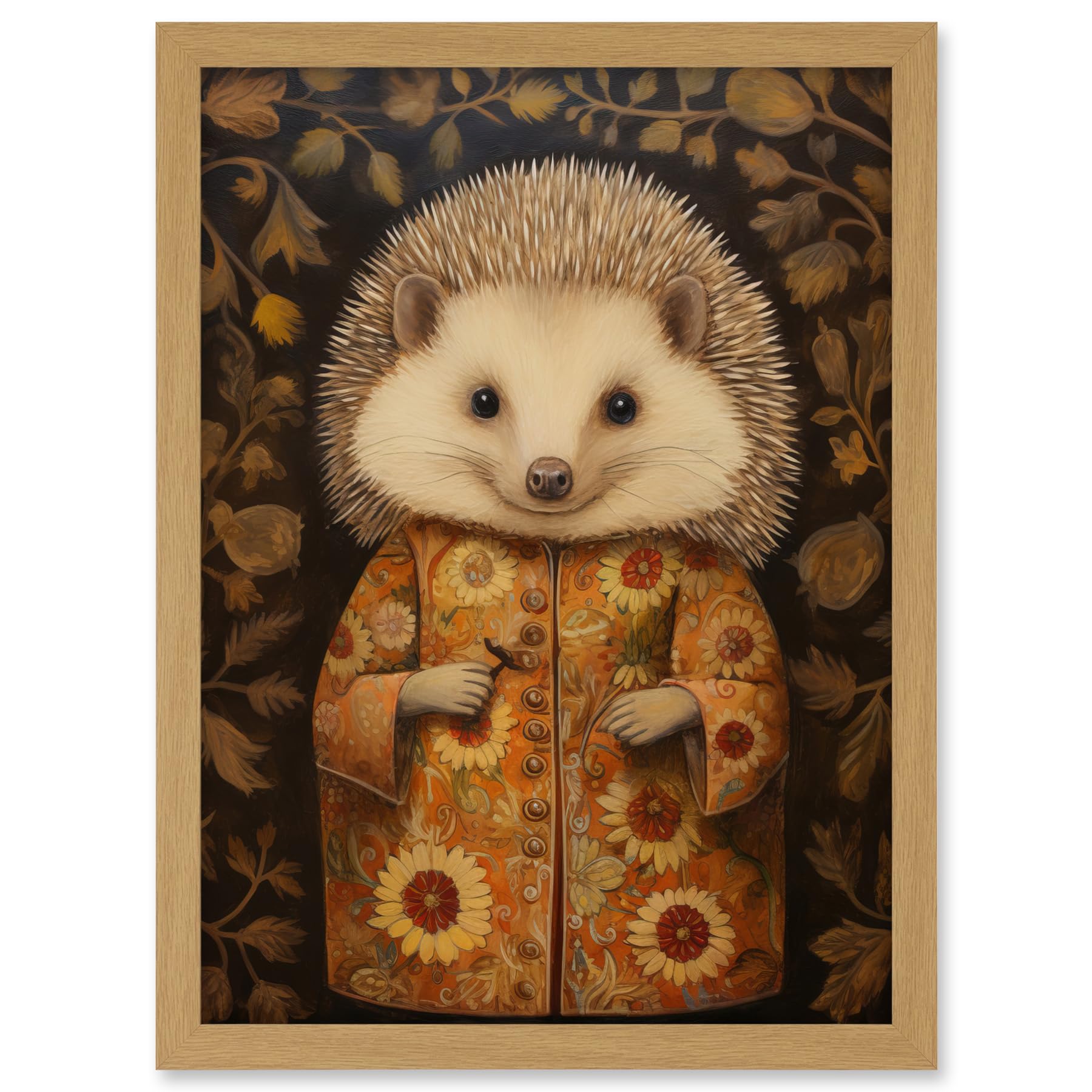 Artery8 Autumn Hedgehog in Sunflower Robe Modern Artwork Framed A3 Wall Art Print