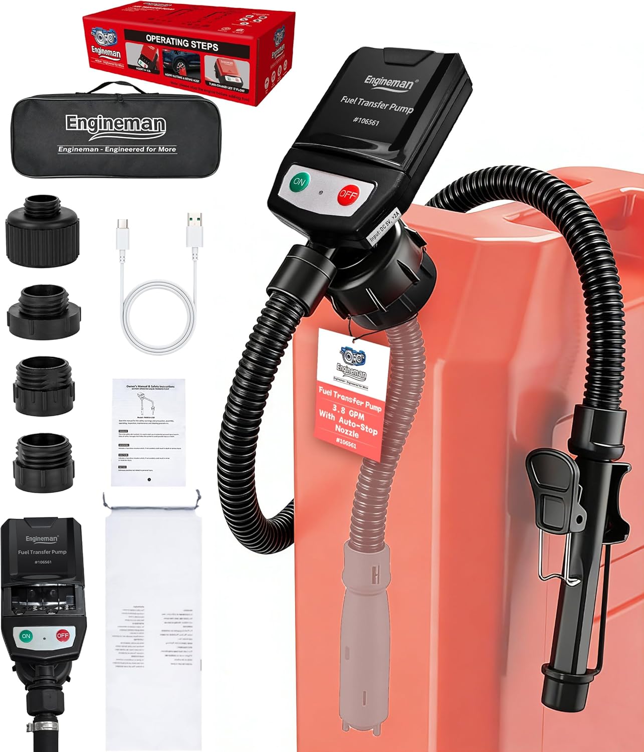 3.8GPM Automatic Electric Fuel Transfer Pump with Auto-Stop, USB Charging 51" Hose 4 Size Adapters Gas Can Pump with Leak Protection for Gasoline, Diesel, Kerosene, Black 2nd Gen