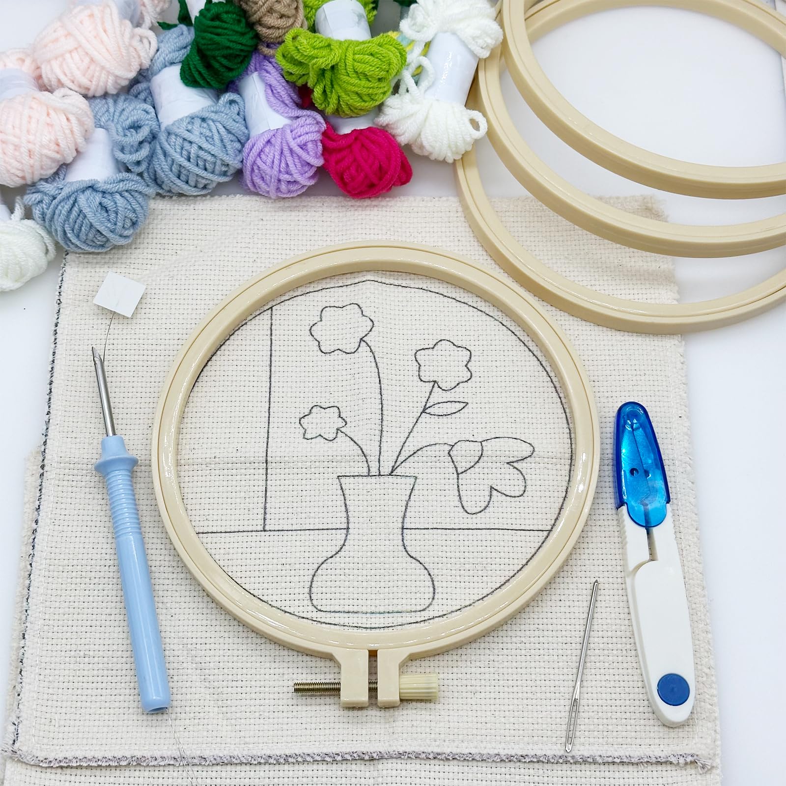 Allazone 4 Punch Needle Starter Kit, Kit di Ricamo per Aghi da Punzonatura con Motivo e Lstruzioni, Set da Ricamo per Principianti e Adulti, Piante e Fiori