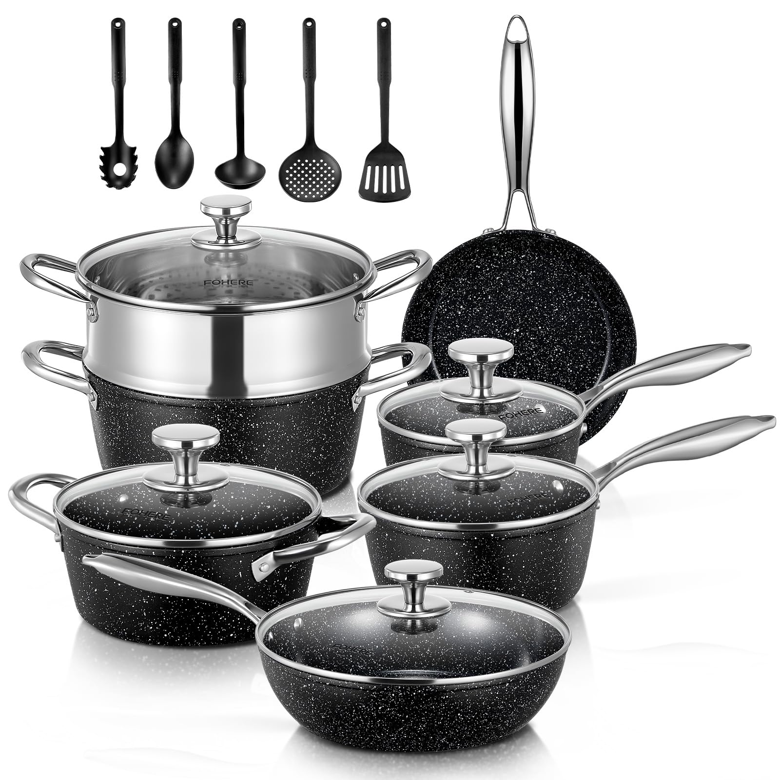 FOHERE Batterie de Cuisine Induction, 17 Pièces Revêtement Antiadhésif | Revêtement Céramique Sets de Poêles et Casseroles avec Couvercle, Aluminium, Noir