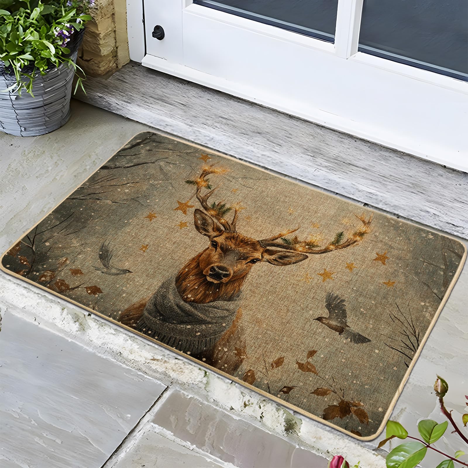 Winter Deer Doormat, Cozy Brown Stag Door Mat for Indoor & Outdoor Holiday Decor, Rubber Washable Non-Slip for Seasonal Entrance Mat 29x17 Inch