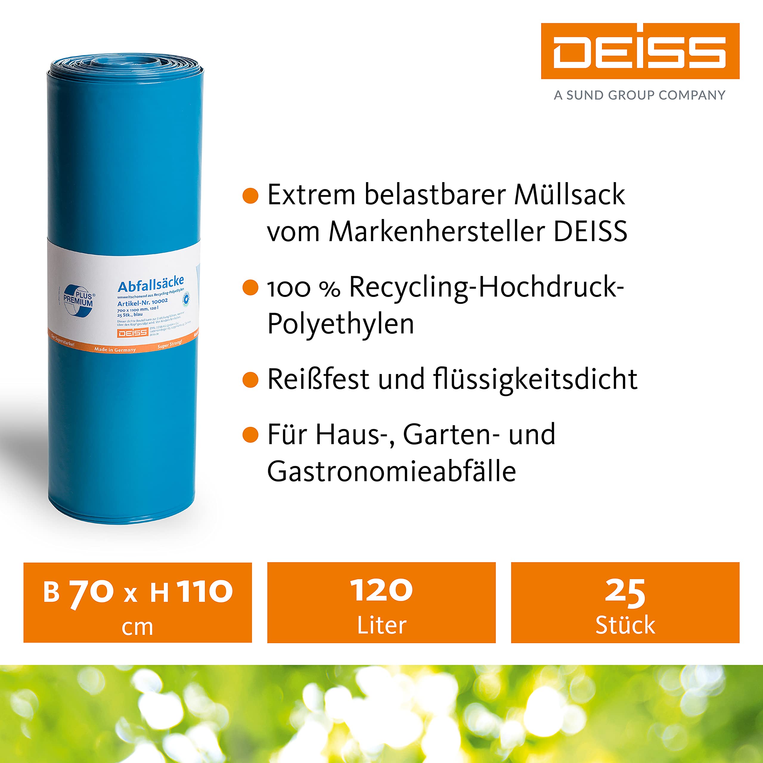 Deiss Premium Plus - Sacchi per rifiuti pesanti in LDPE riciclato, 120 litri, per rifiuti di costruzione, 150 pezzi, colore: Blu